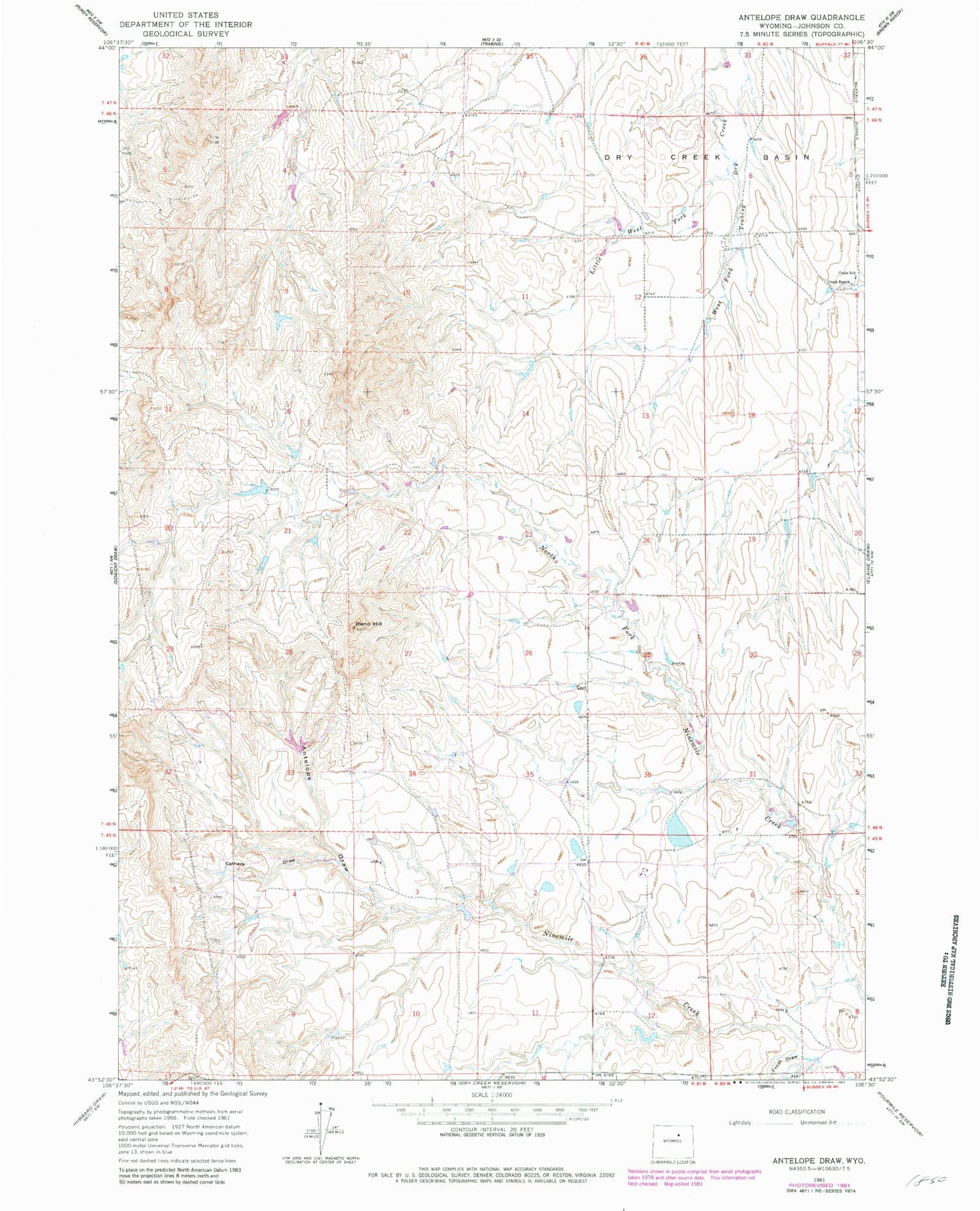 Classic USGS Antelope Draw Wyoming 7.5'x7.5' Topo Map Image