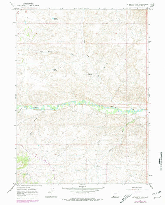 Classic USGS Antelope Wash Wyoming 7.5'x7.5' Topo Map Image