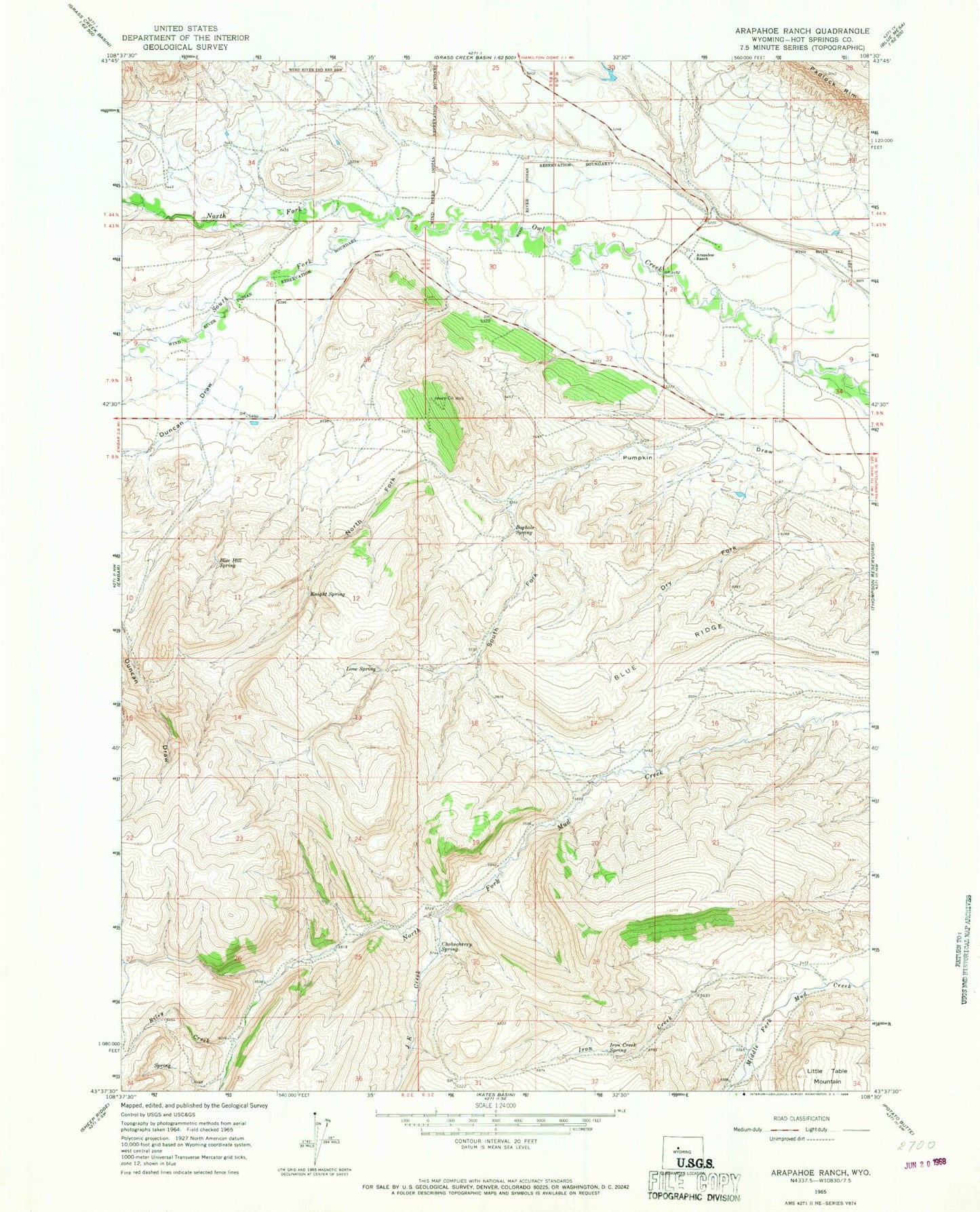 Classic USGS Arapahoe Ranch Wyoming 7.5'x7.5' Topo Map Image