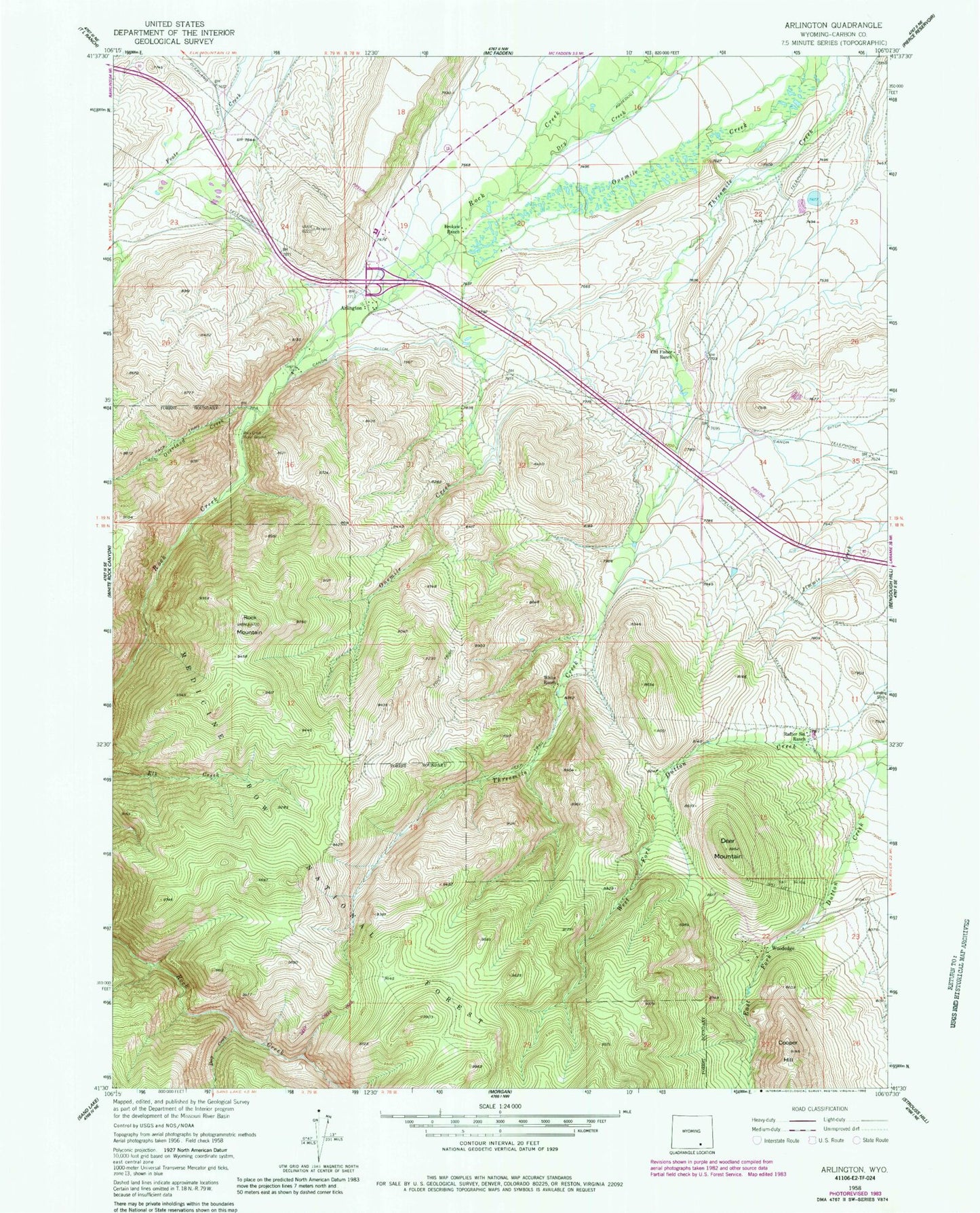 Classic USGS Arlington Wyoming 7.5'x7.5' Topo Map Image