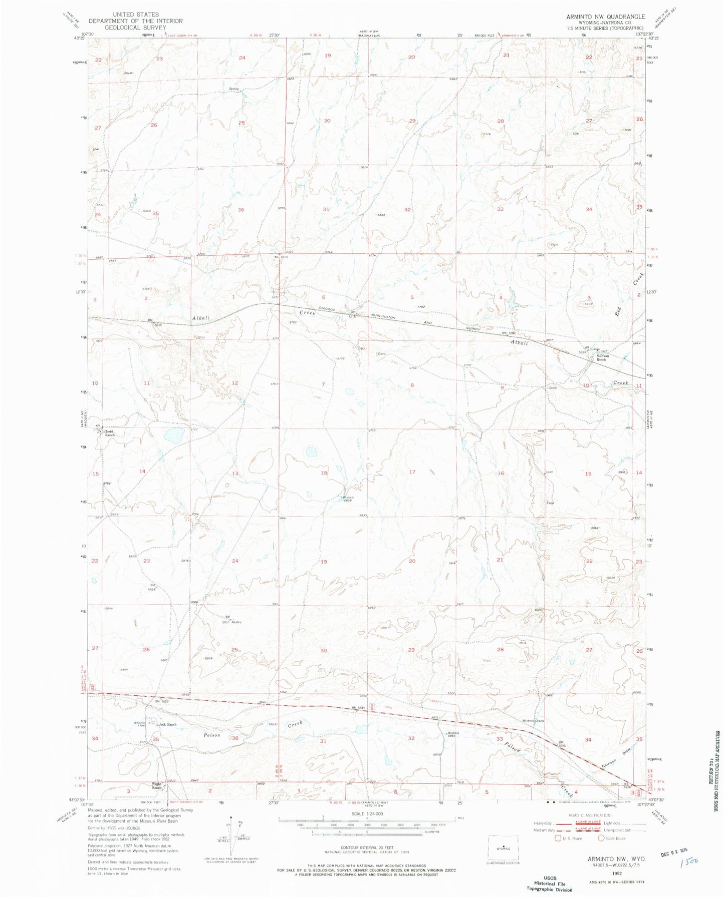 Classic USGS Arminto NW Wyoming 7.5'x7.5' Topo Map Image