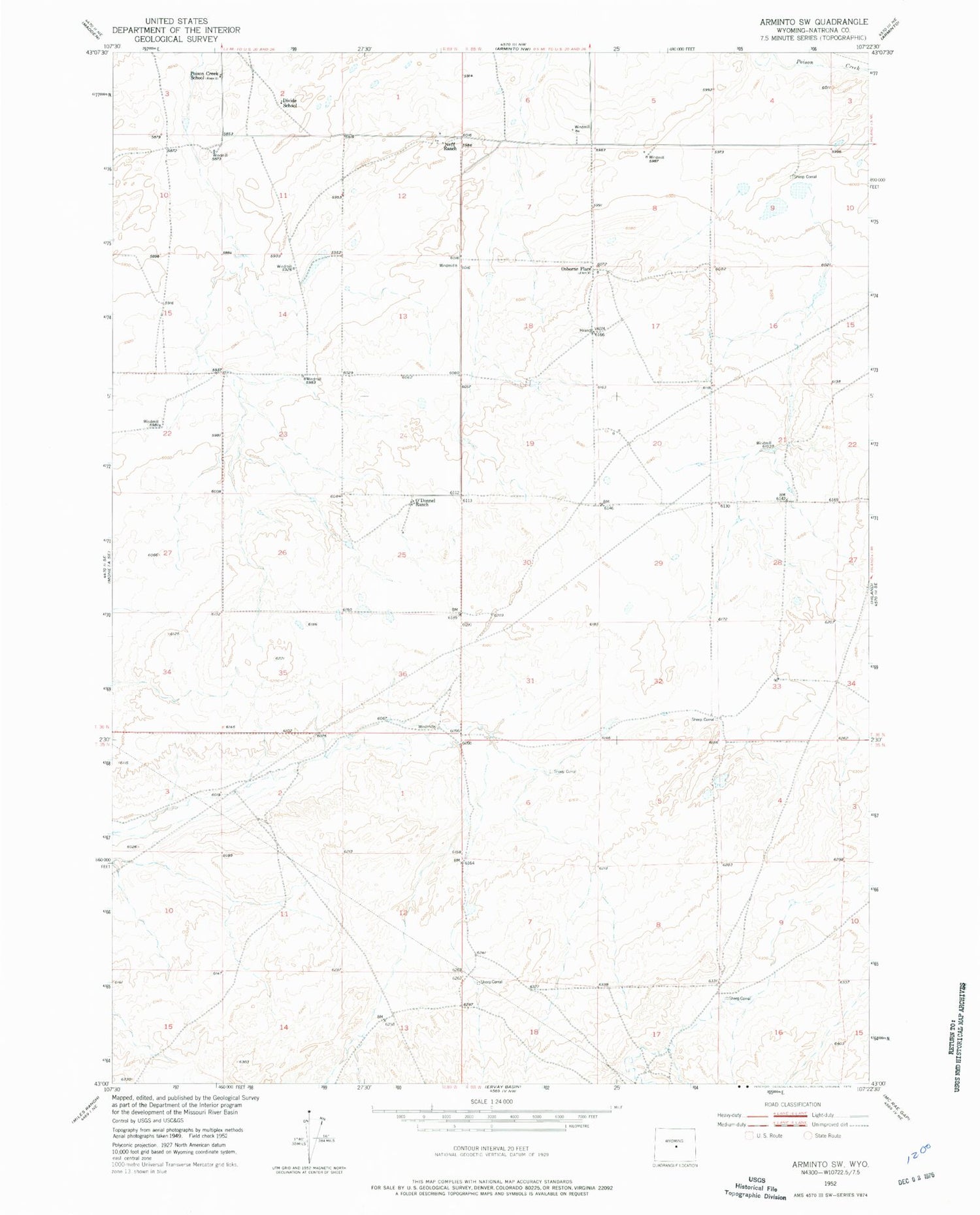 Classic USGS Arminto SW Wyoming 7.5'x7.5' Topo Map Image