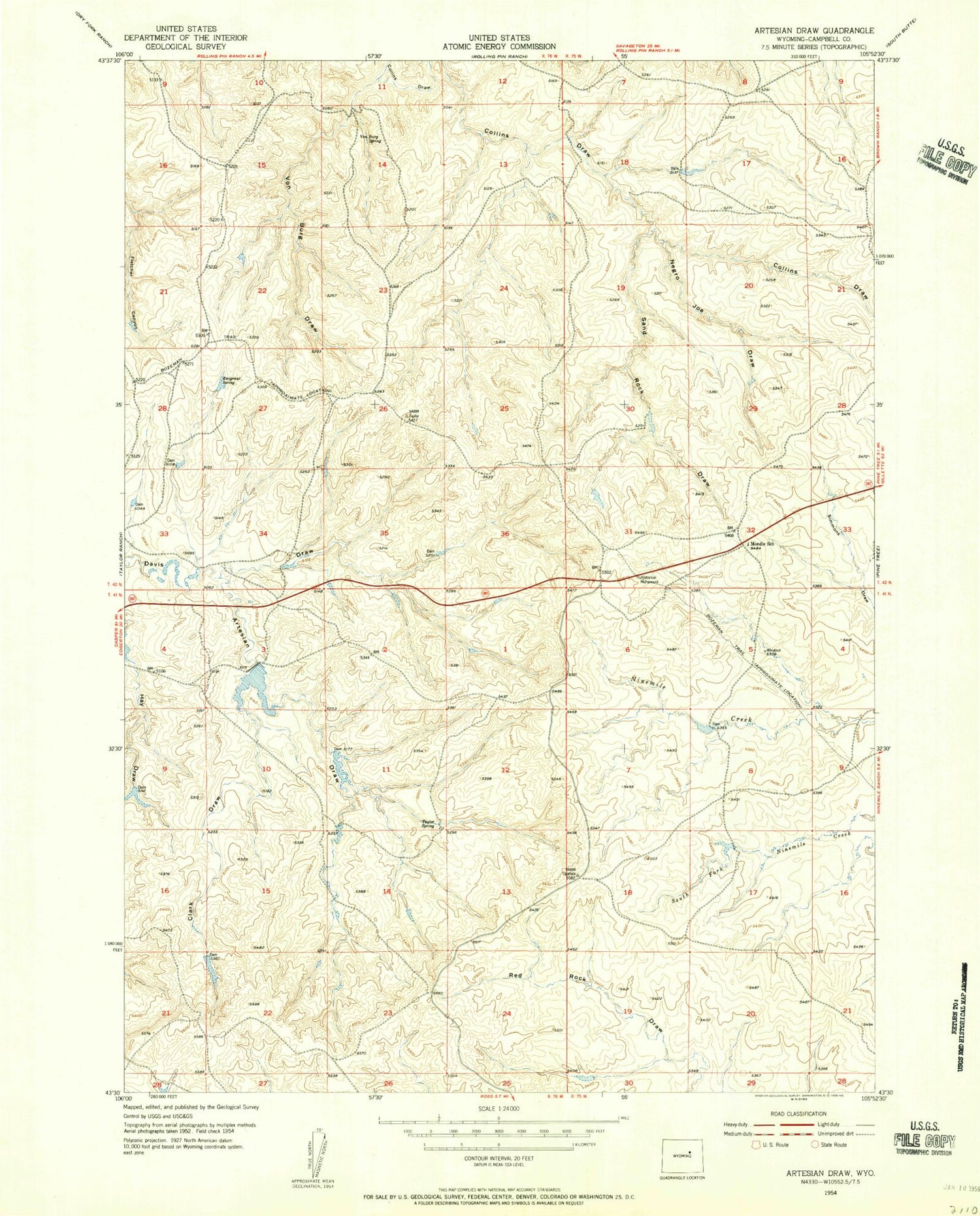 Classic USGS Artesian Draw Wyoming 7.5'x7.5' Topo Map Image