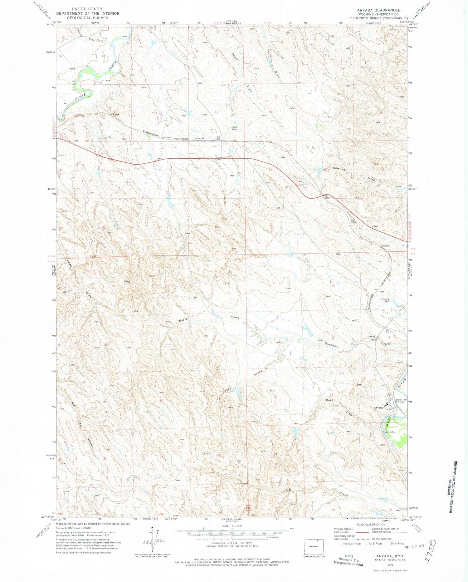 Classic USGS Arvada Wyoming 7.5'x7.5' Topo Map Image