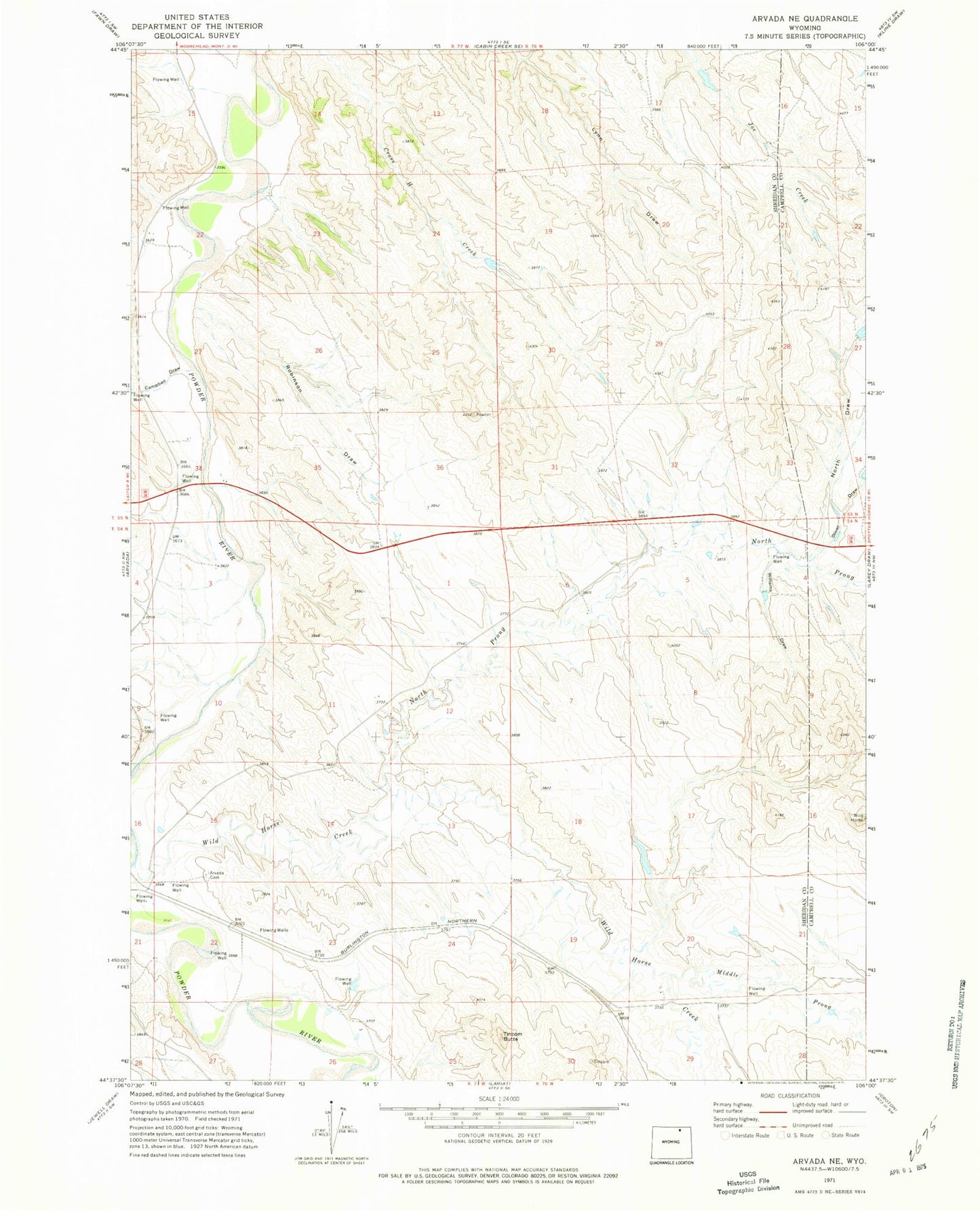 Classic USGS Arvada NE Wyoming 7.5'x7.5' Topo Map Image