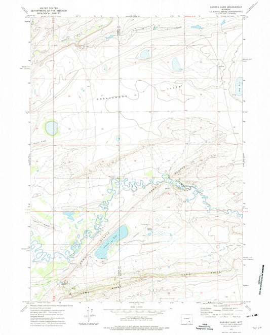 Classic USGS Aurora Lake Wyoming 7.5'x7.5' Topo Map Image