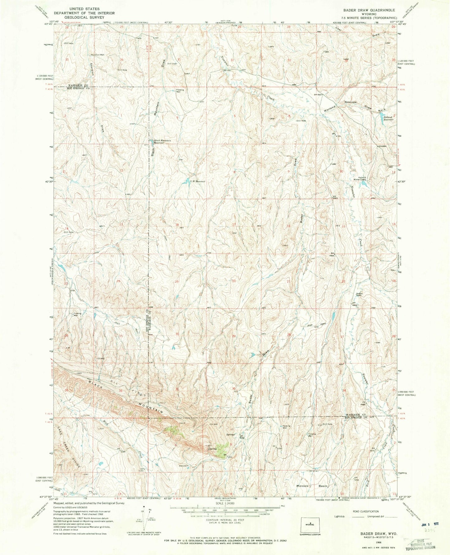Classic USGS Bader Draw Wyoming 7.5'x7.5' Topo Map Image