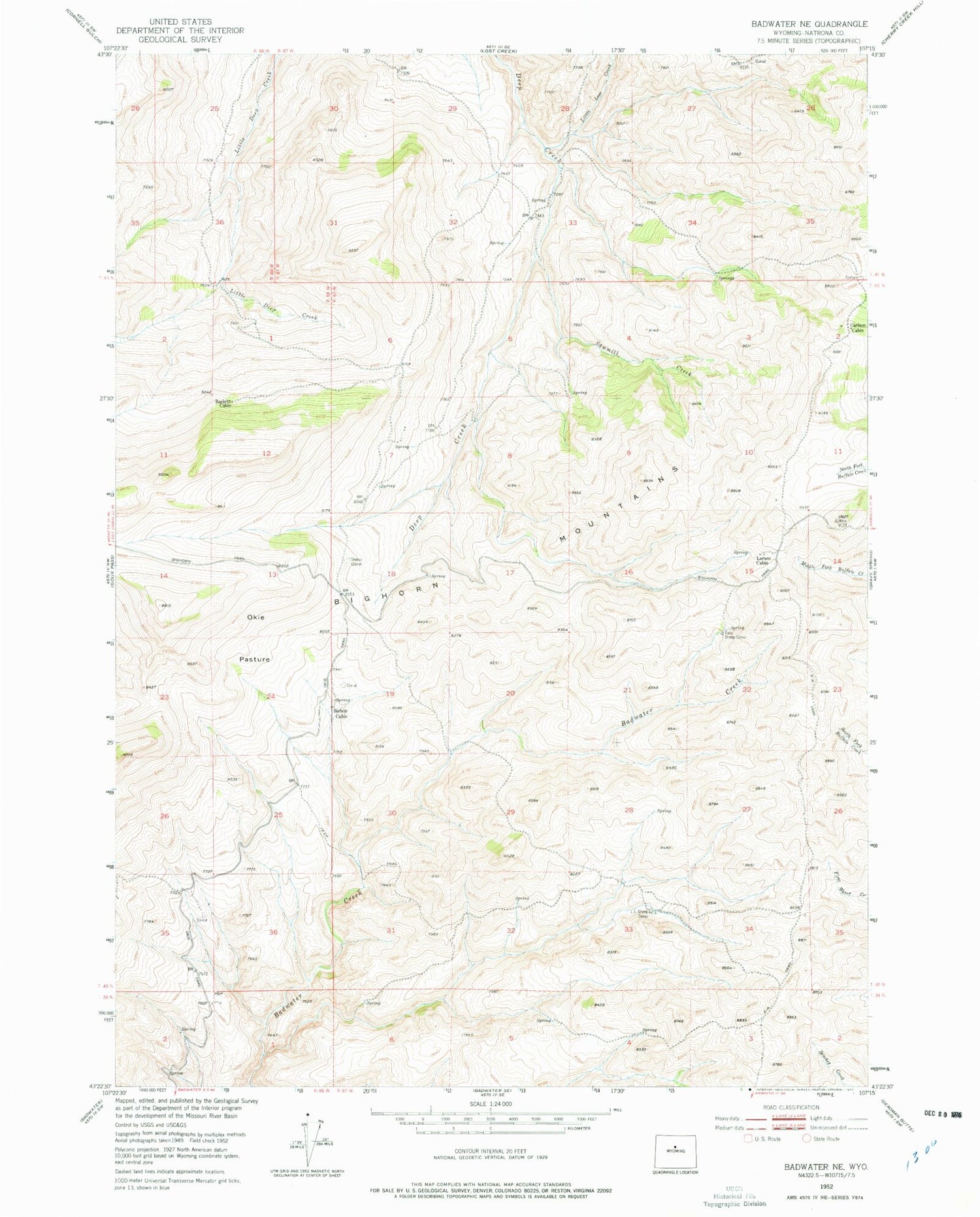 Classic USGS Badwater NE Wyoming 7.5'x7.5' Topo Map Image