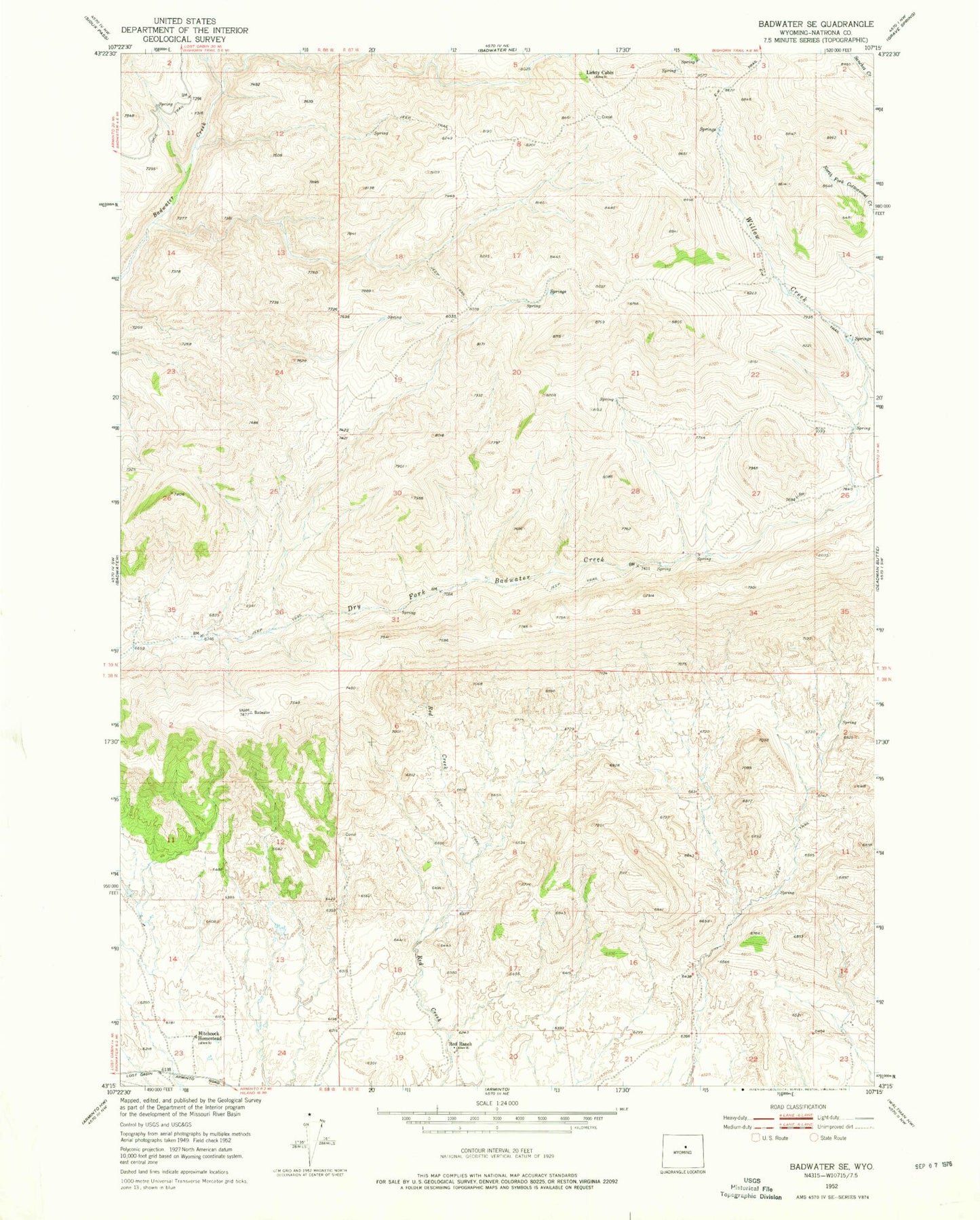 Classic USGS Badwater SE Wyoming 7.5'x7.5' Topo Map Image