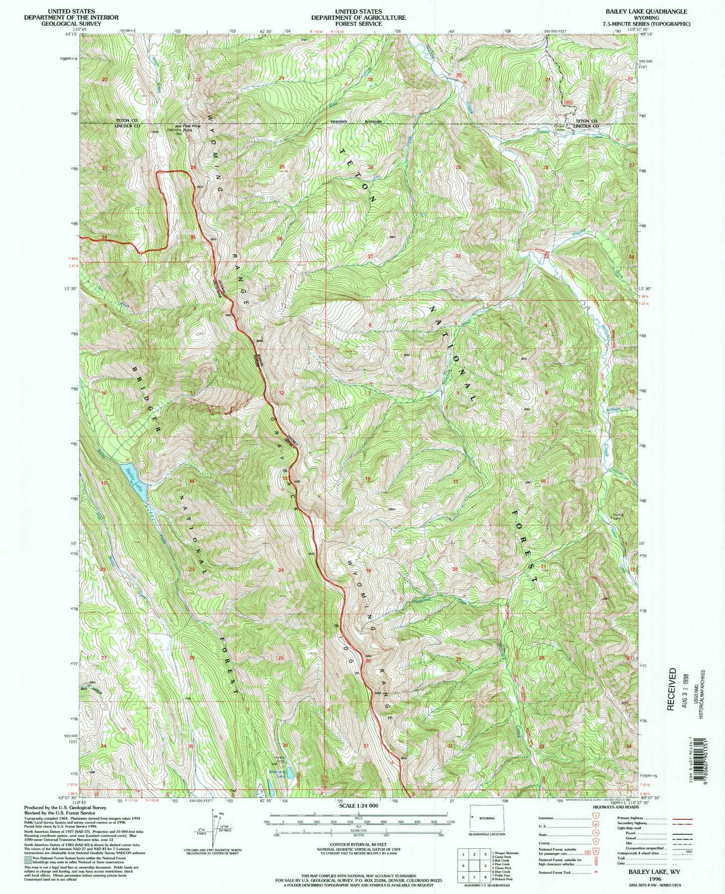 USGS Classic Bailey Lake Wyoming 7.5'x7.5' Topo Map Image