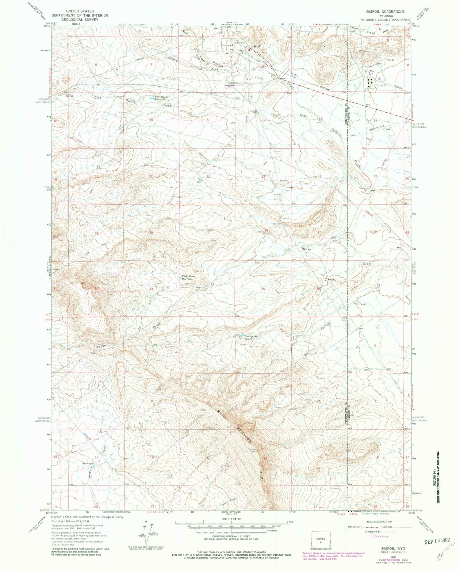 Classic USGS Bairoil Wyoming 7.5'x7.5' Topo Map Image