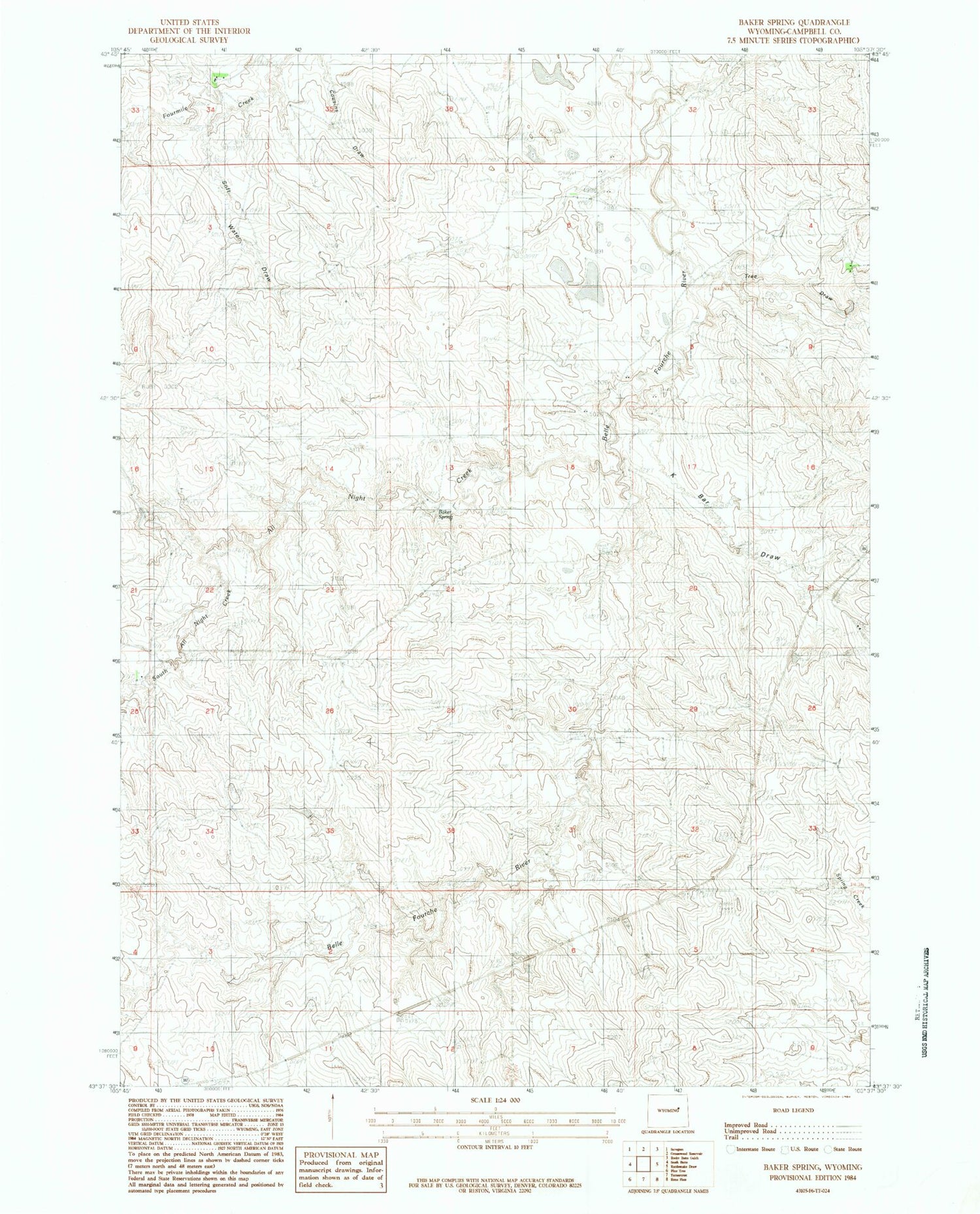 Classic USGS Baker Spring Wyoming 7.5'x7.5' Topo Map Image