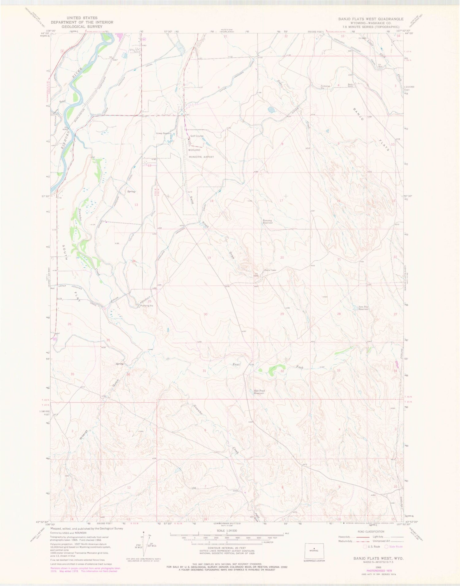 Classic USGS Banjo Flats West Wyoming 7.5'x7.5' Topo Map Image
