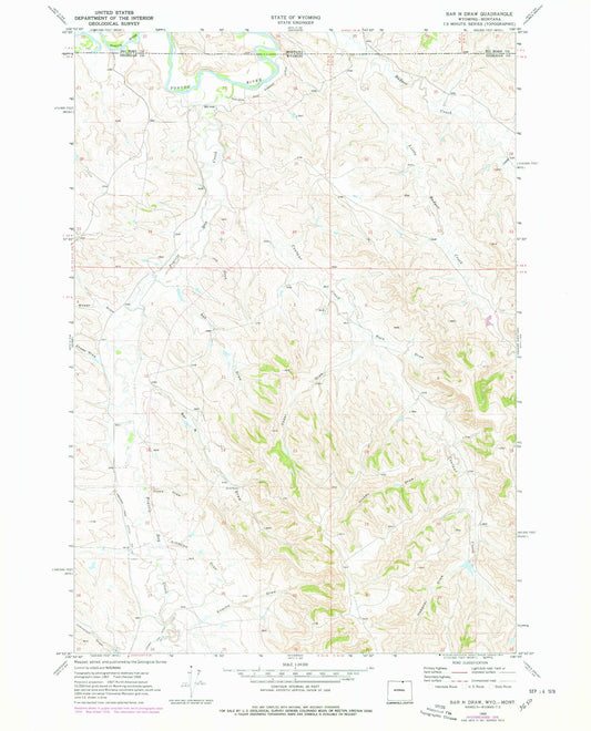 Classic USGS Bar N Draw Wyoming 7.5'x7.5' Topo Map Image