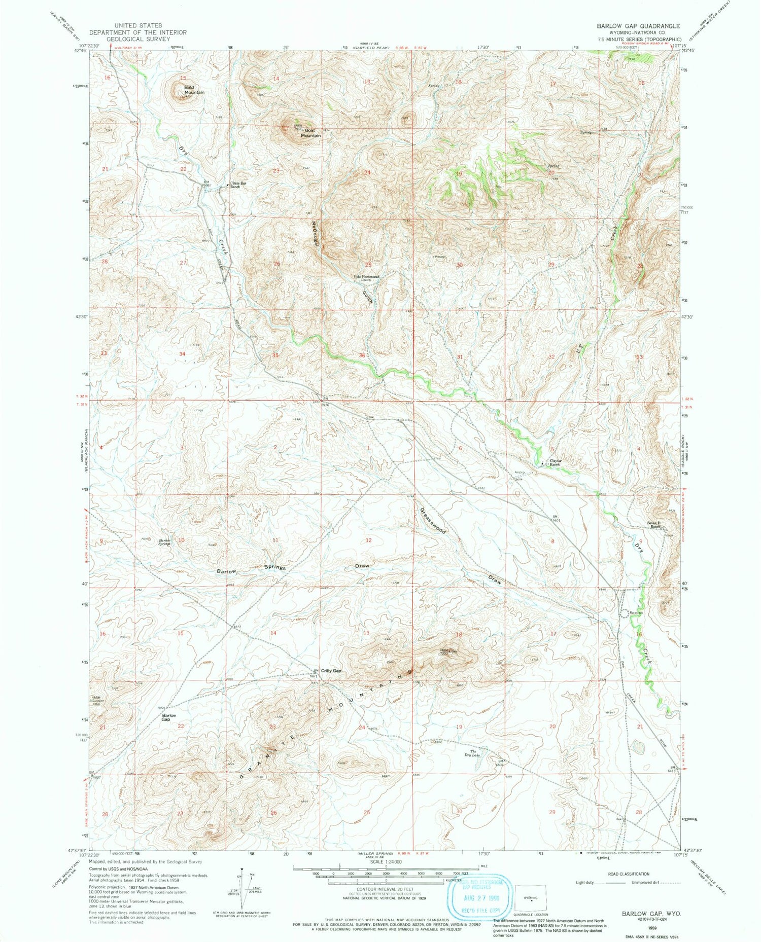 Classic USGS Barlow Gap Wyoming 7.5'x7.5' Topo Map Image
