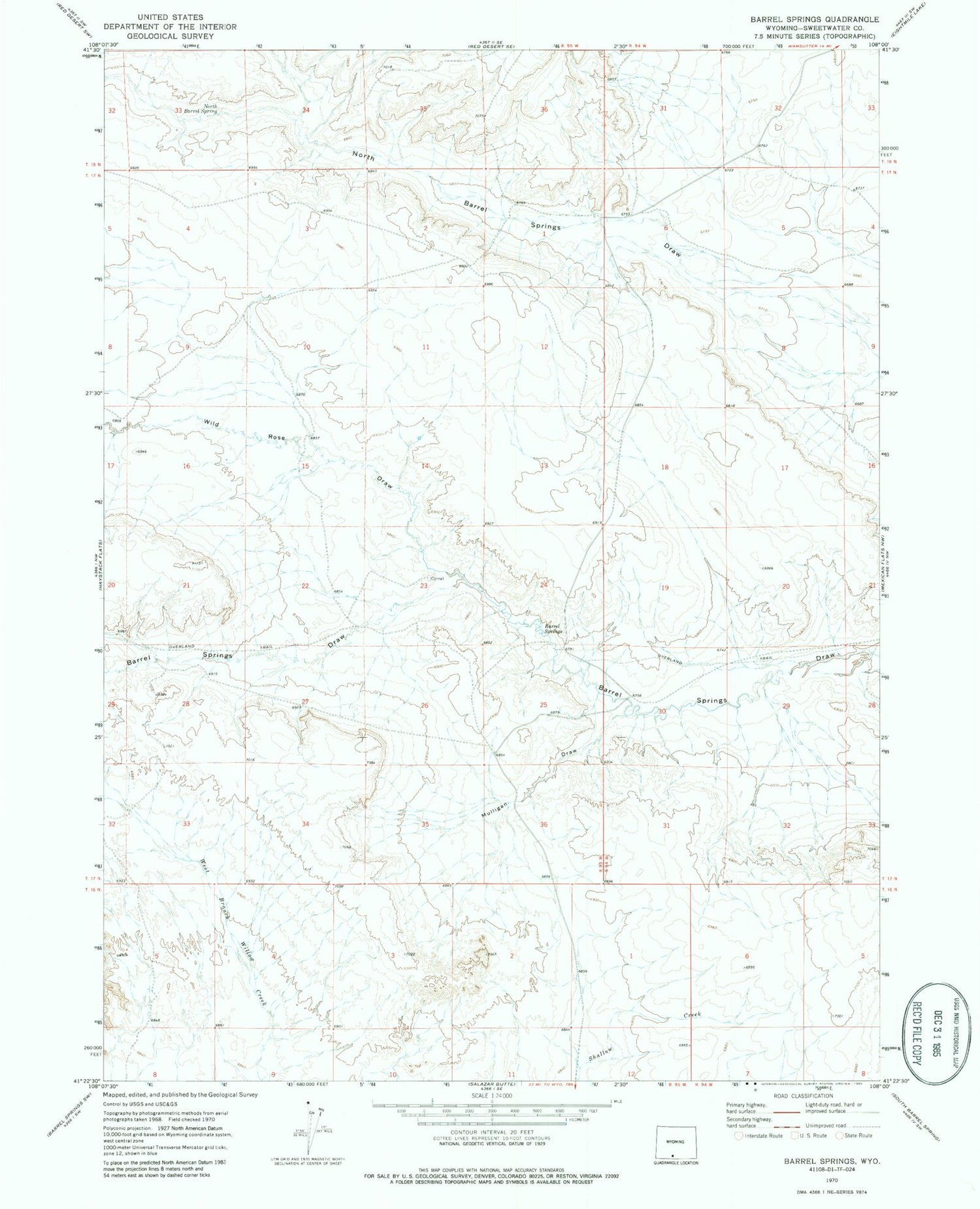 Classic USGS Barrel Springs Wyoming 7.5'x7.5' Topo Map Image