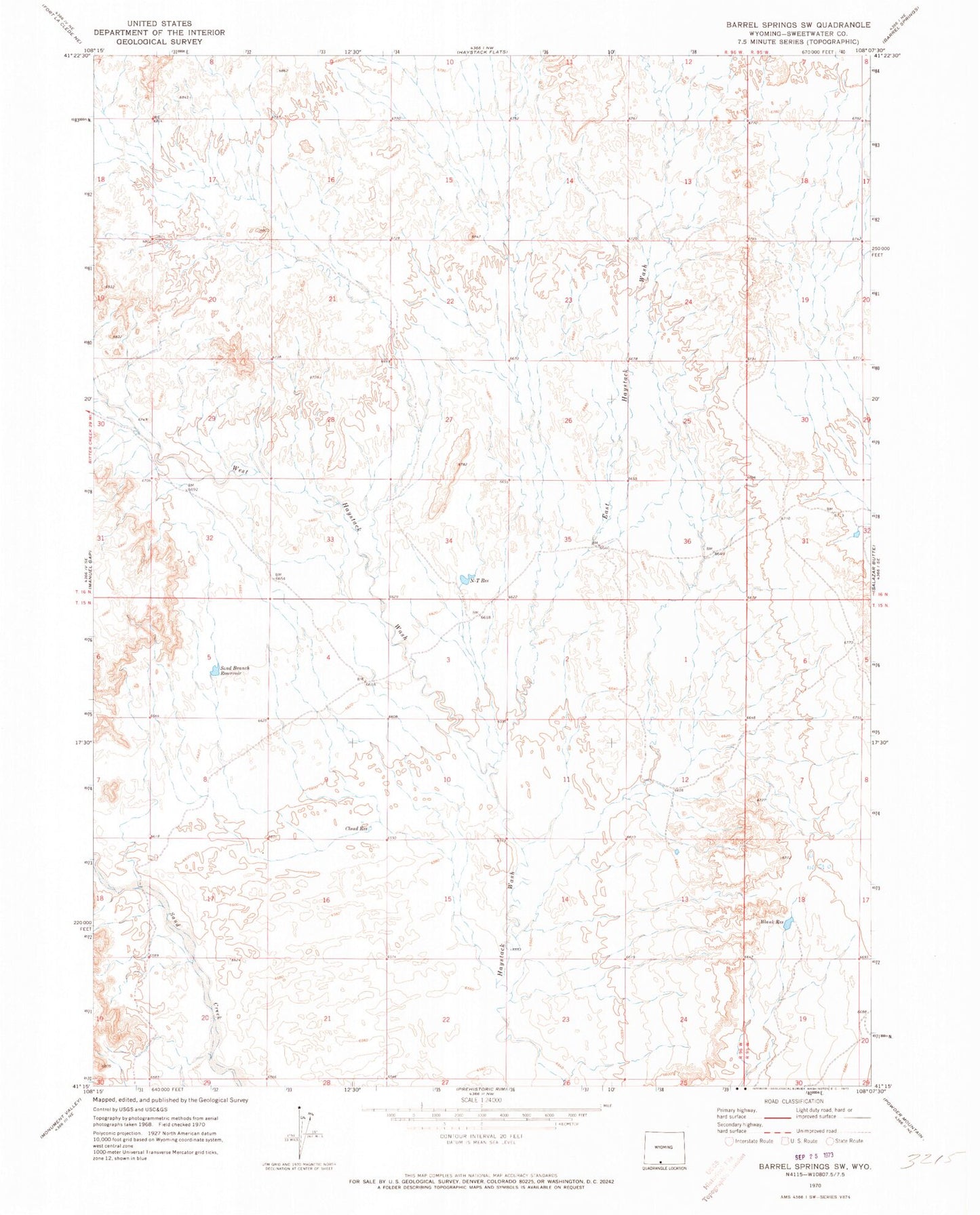 Classic USGS Barrel Springs SW Wyoming 7.5'x7.5' Topo Map Image
