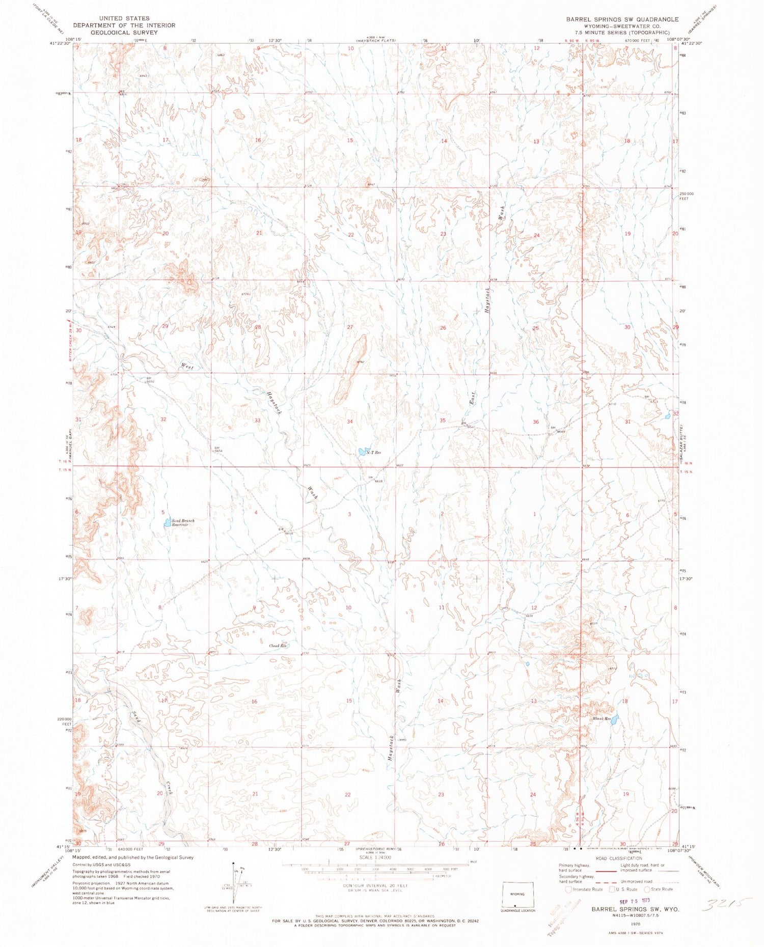 Classic USGS Barrel Springs SW Wyoming 7.5'x7.5' Topo Map Image