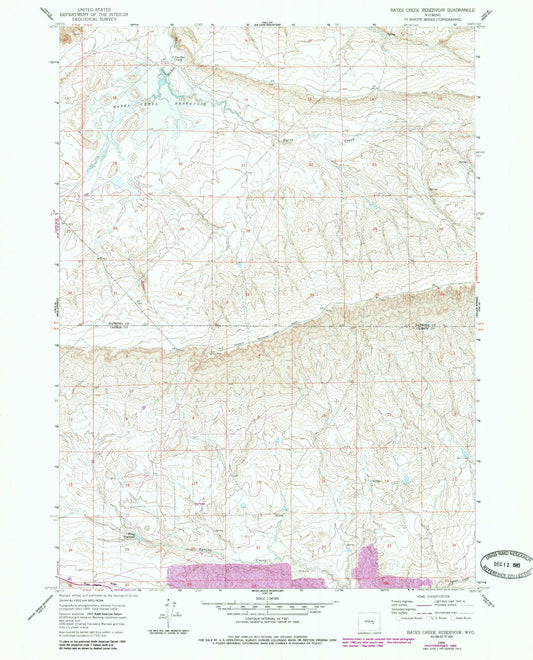 Classic USGS Bates Creek Reservoir Wyoming 7.5'x7.5' Topo Map Image