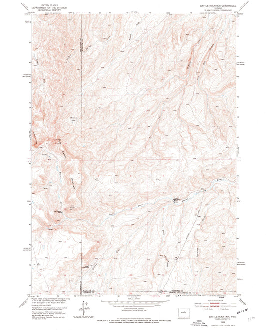Classic USGS Battle Mountain Wyoming 7.5'x7.5' Topo Map Image