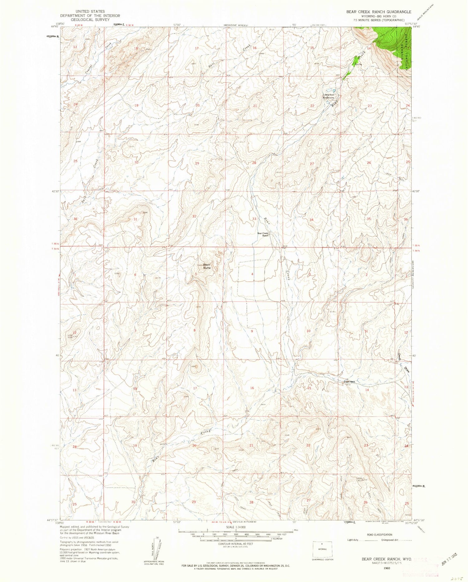 Classic USGS Bear Creek Ranch Wyoming 7.5'x7.5' Topo Map Image