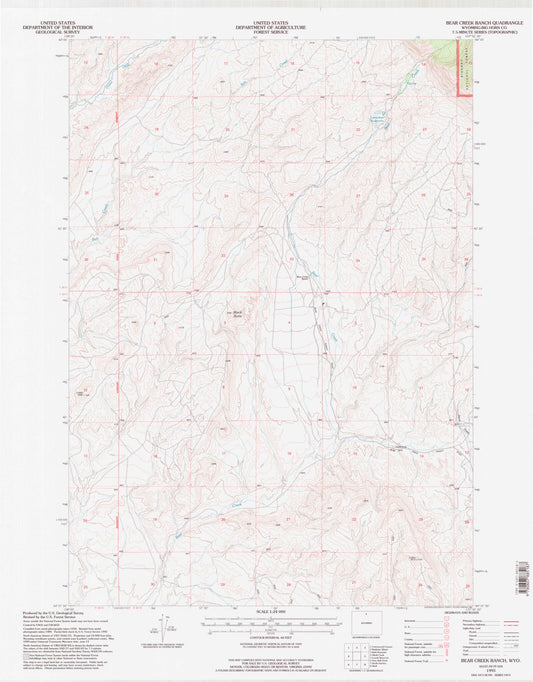 Classic USGS Bear Creek Ranch Wyoming 7.5'x7.5' Topo Map Image
