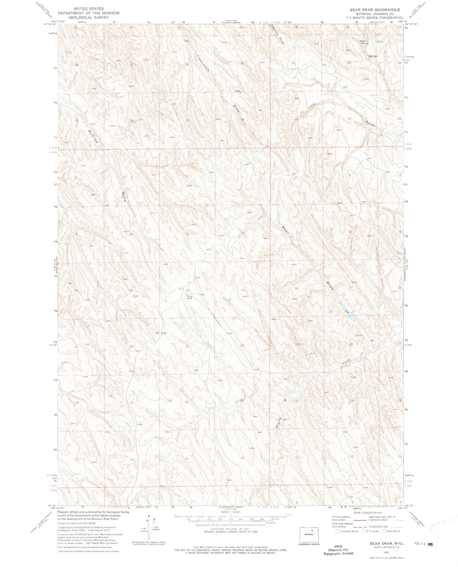 Classic USGS Bear Draw Wyoming 7.5'x7.5' Topo Map Image
