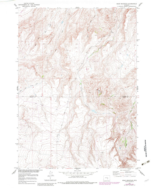 Classic USGS Bear Mountain Wyoming 7.5'x7.5' Topo Map Image