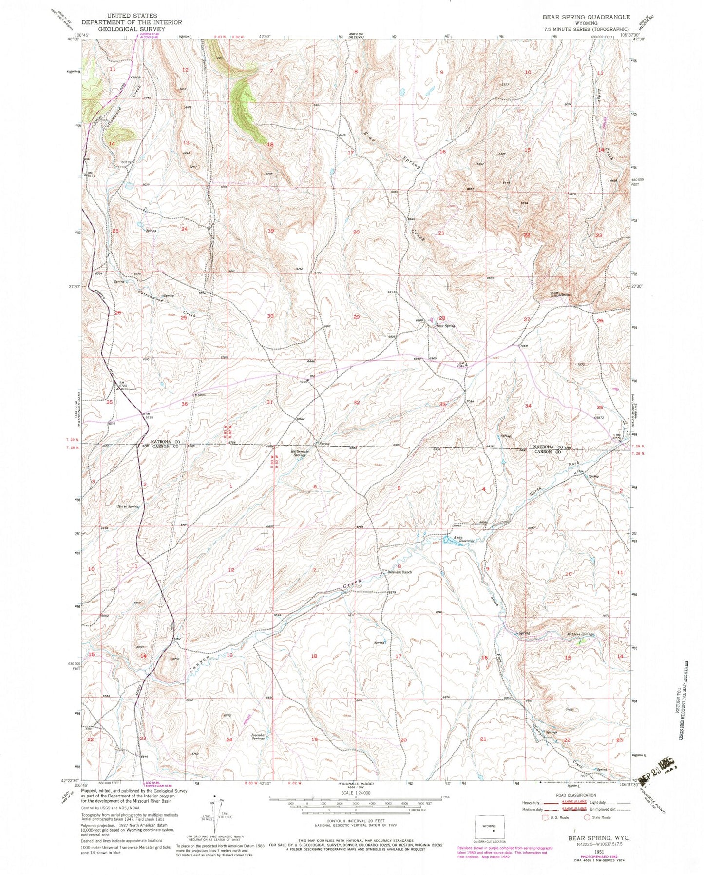 Classic USGS Bear Spring Wyoming 7.5'x7.5' Topo Map Image