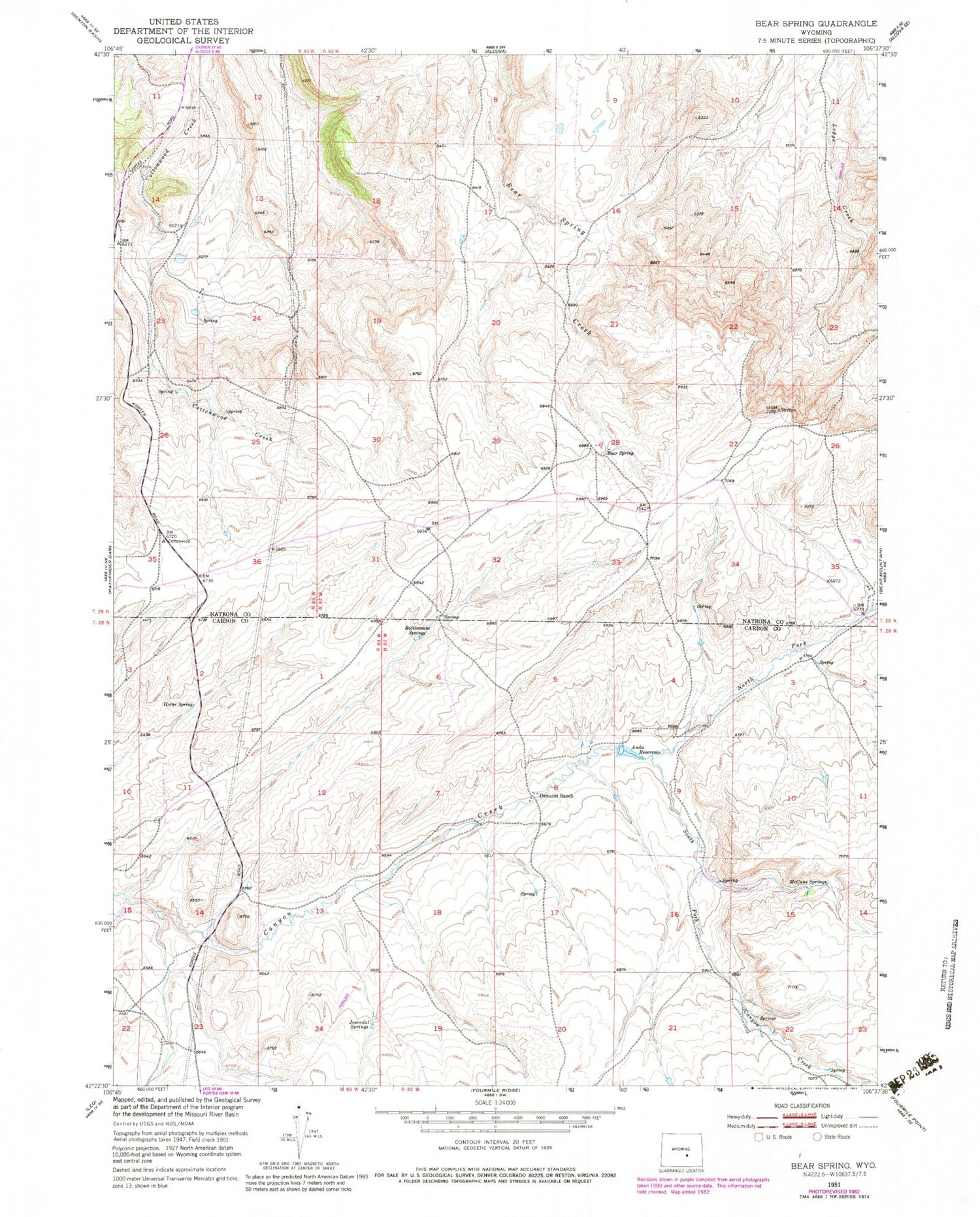 Classic USGS Bear Spring Wyoming 7.5'x7.5' Topo Map Image