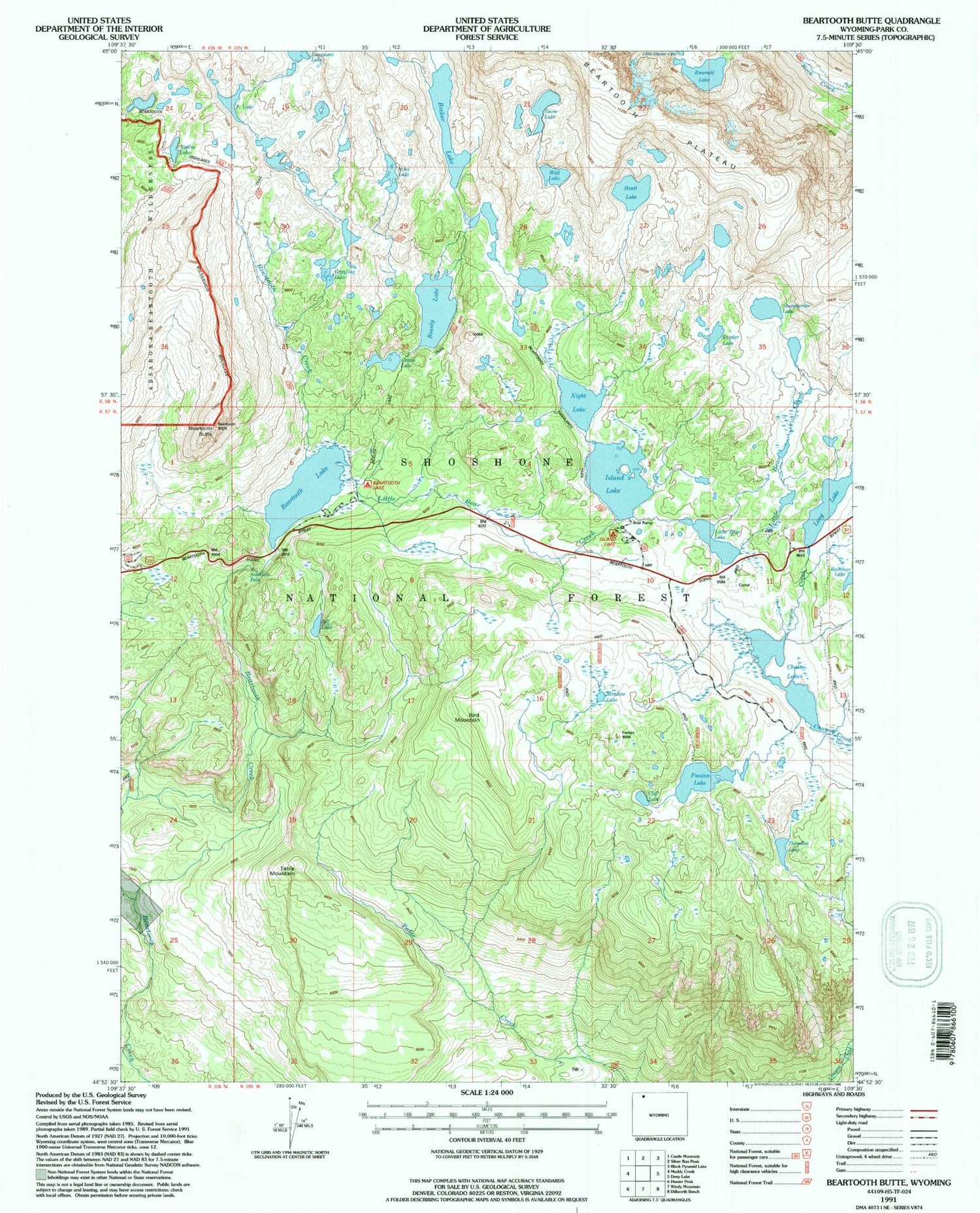 USGS Classic Beartooth Butte Wyoming 7.5'x7.5' Topo Map Image