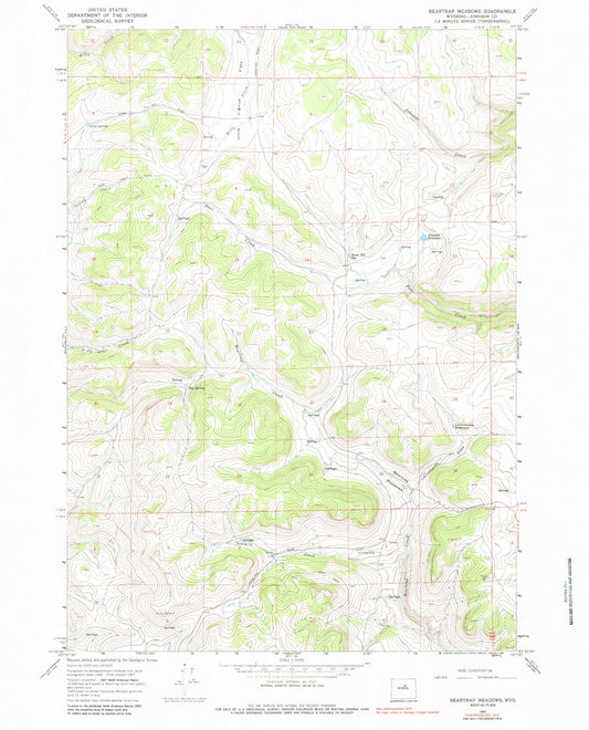 Classic USGS Beartrap Meadows Wyoming 7.5'x7.5' Topo Map Image