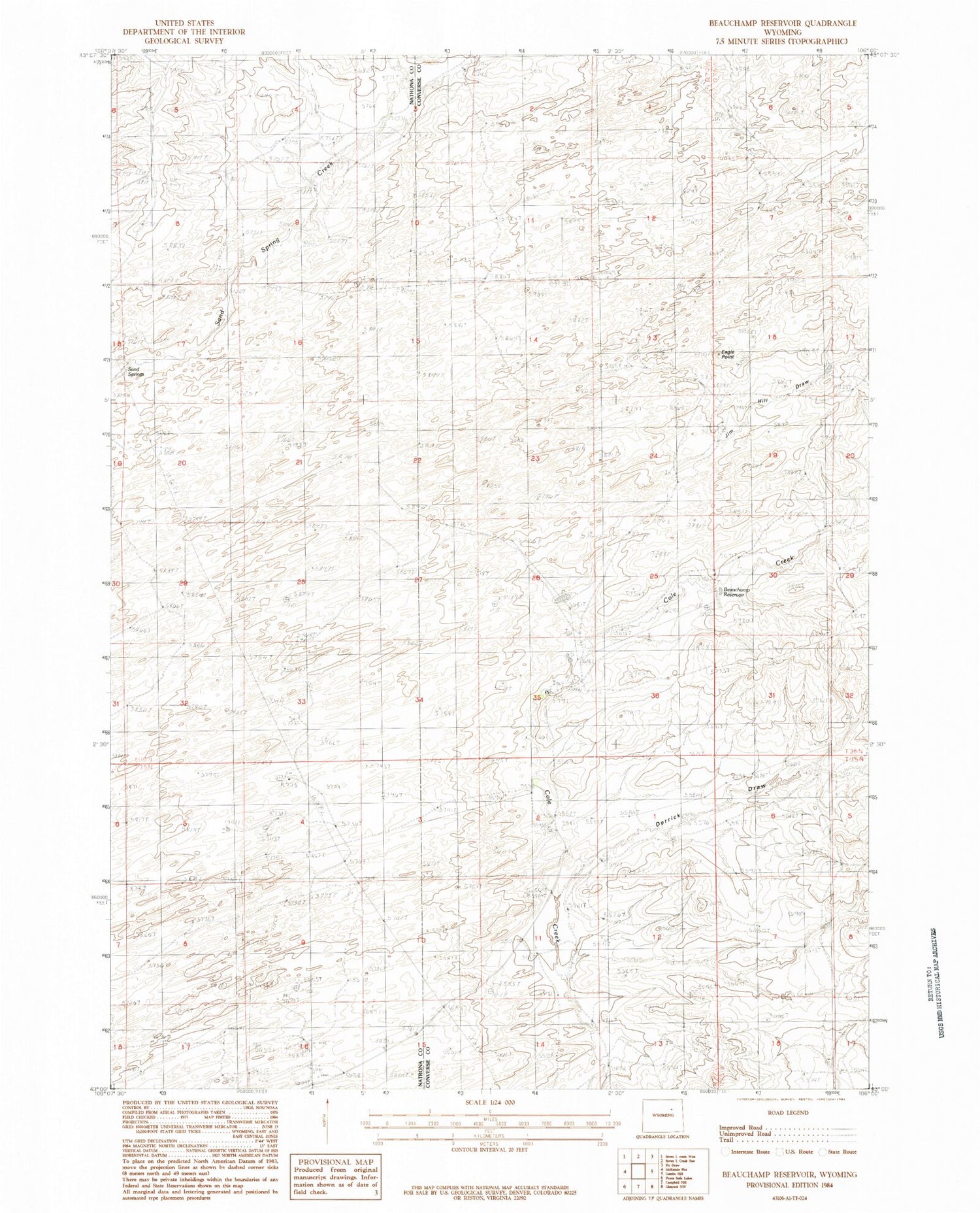 Classic USGS Beauchamp Reservoir Wyoming 7.5'x7.5' Topo Map Image