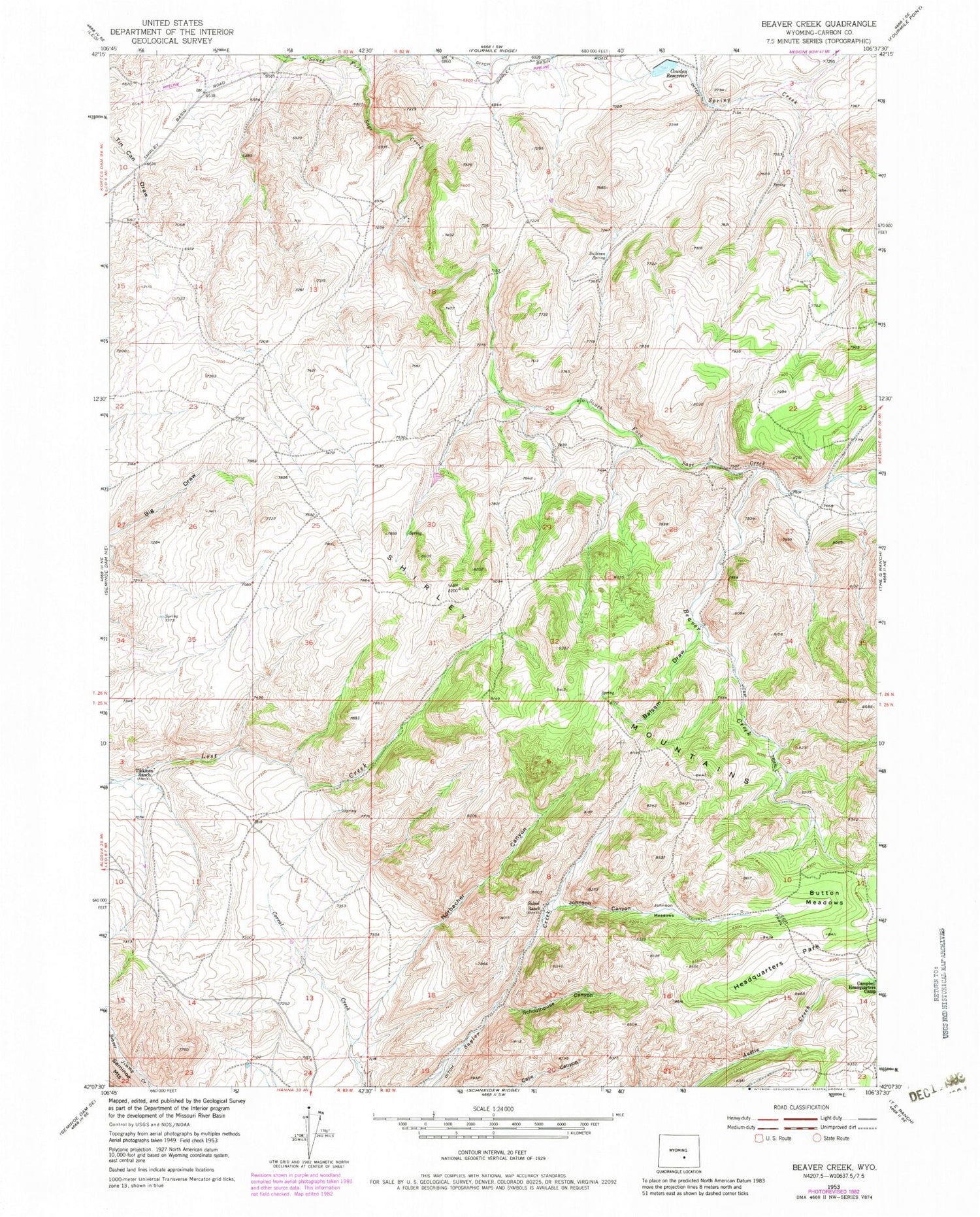 Classic USGS Beaver Creek Wyoming 7.5'x7.5' Topo Map Image