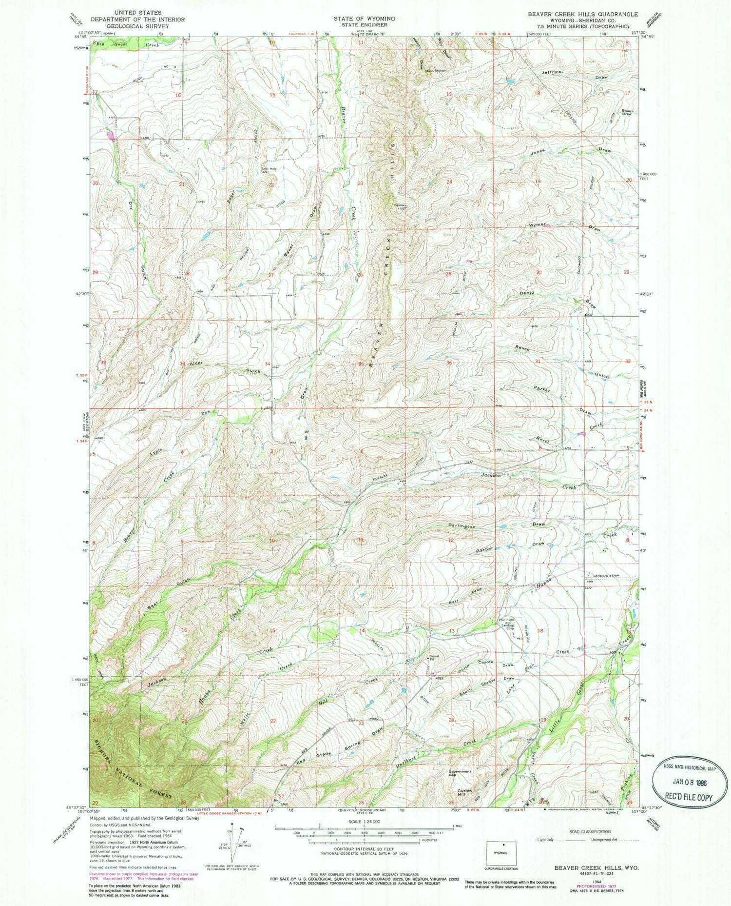 Classic USGS Beaver Creek Hills Wyoming 7.5'x7.5' Topo Map Image