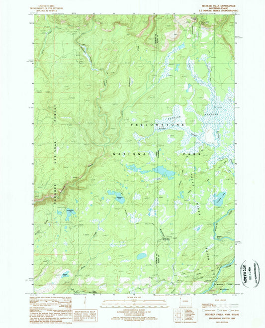 Classic USGS Bechler Falls Wyoming 7.5'x7.5' Topo Map Image