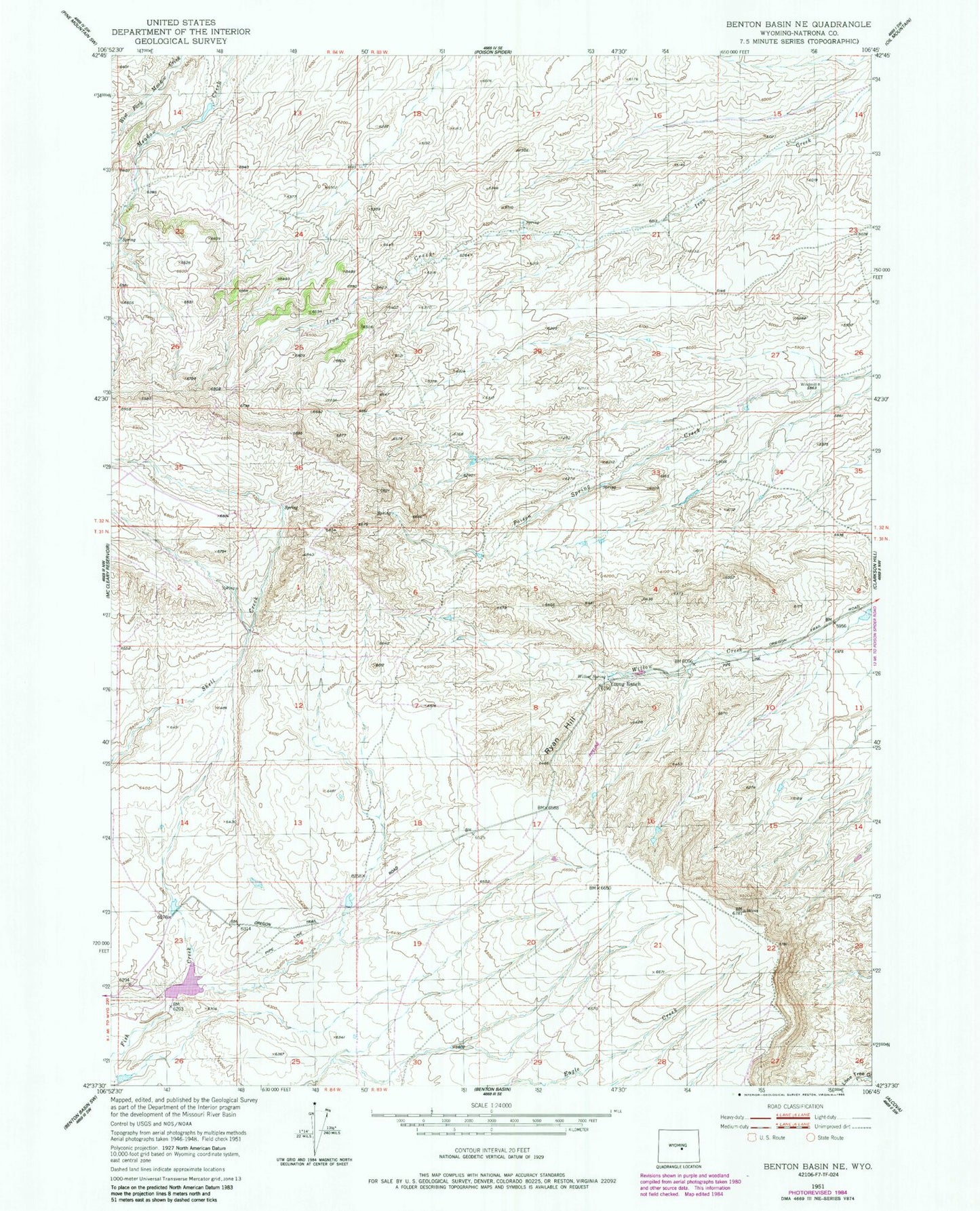 Classic USGS Benton Basin NE Wyoming 7.5'x7.5' Topo Map Image
