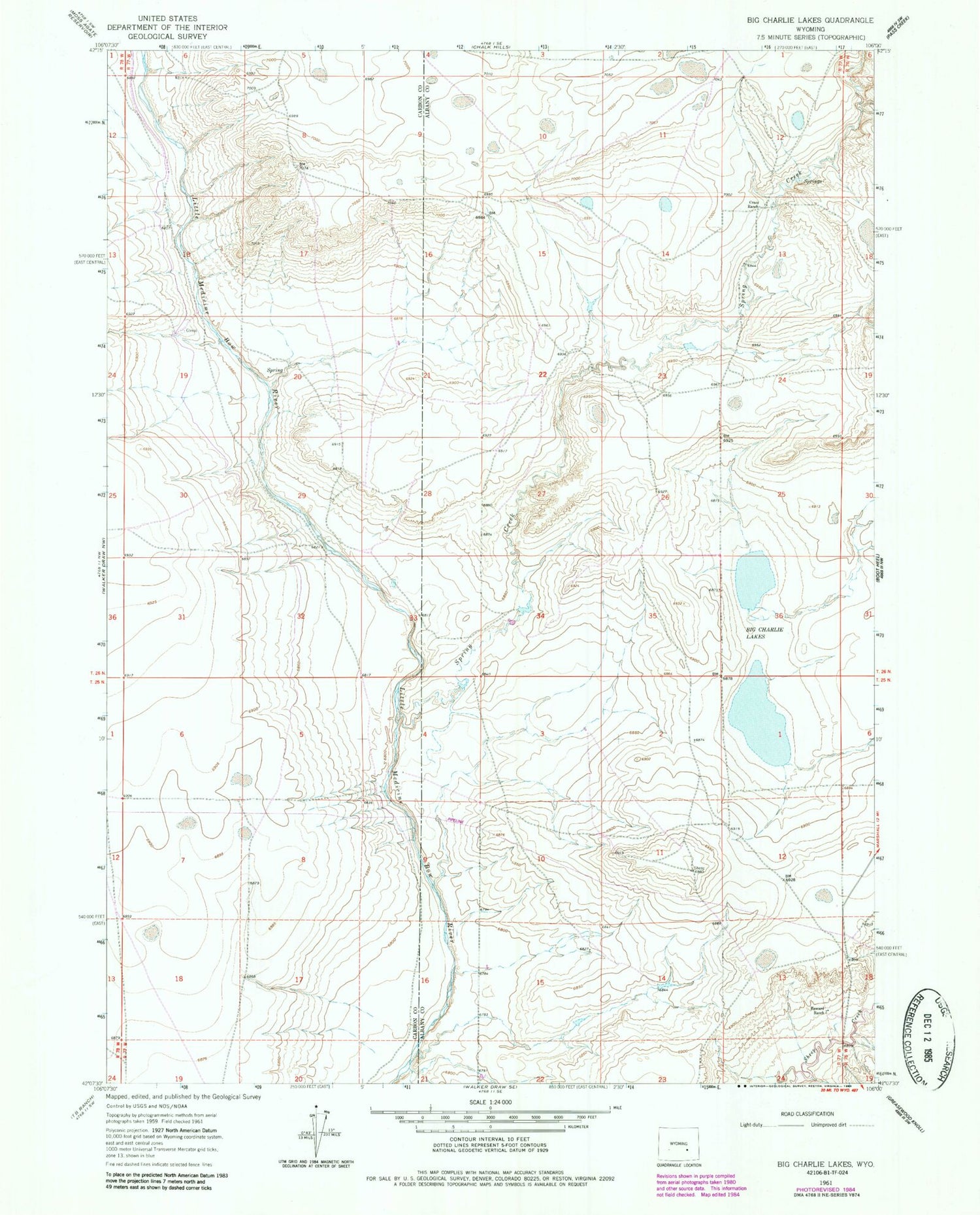 Classic USGS Big Charlie Lakes Wyoming 7.5'x7.5' Topo Map Image