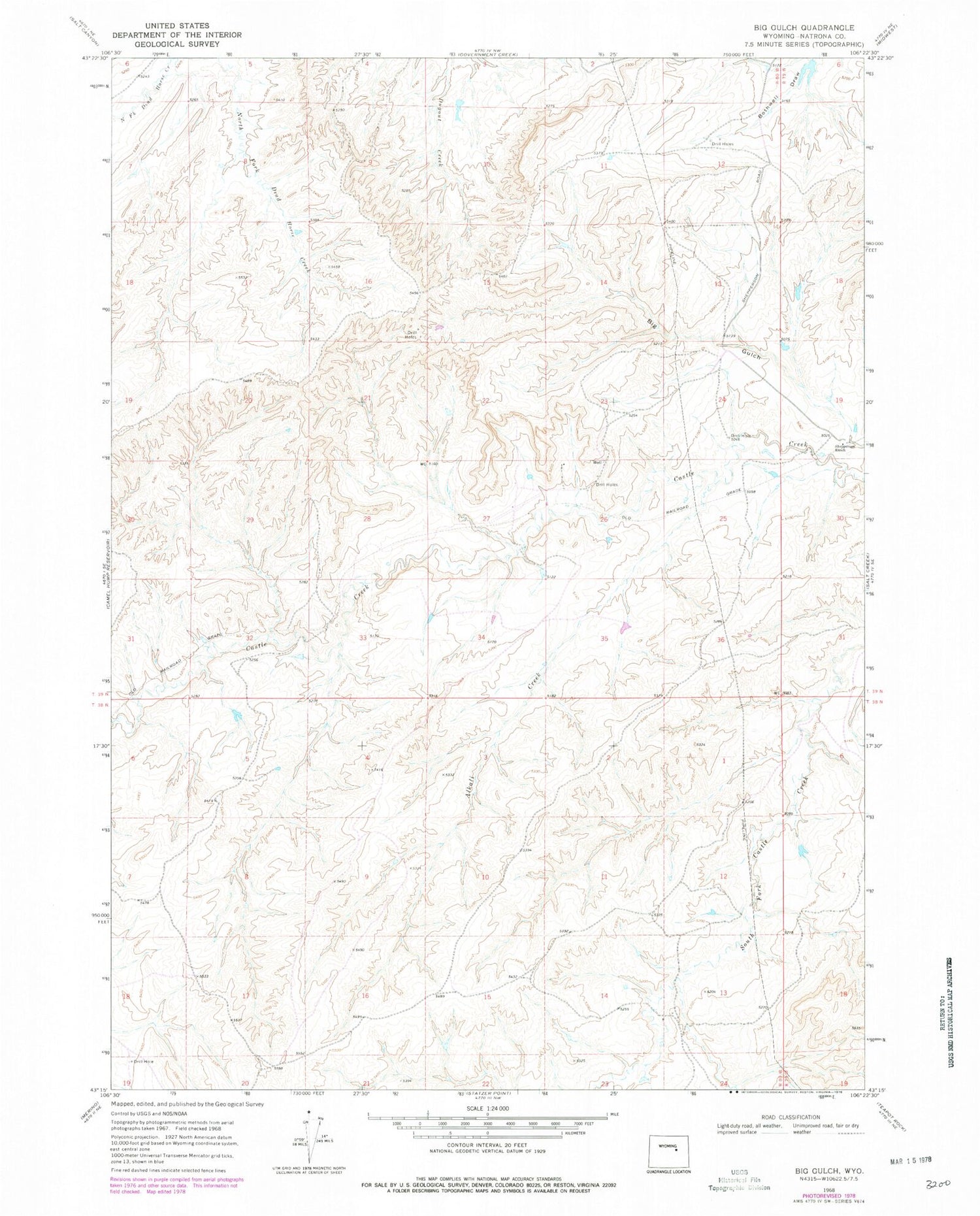 Classic USGS Big Gulch Wyoming 7.5'x7.5' Topo Map Image