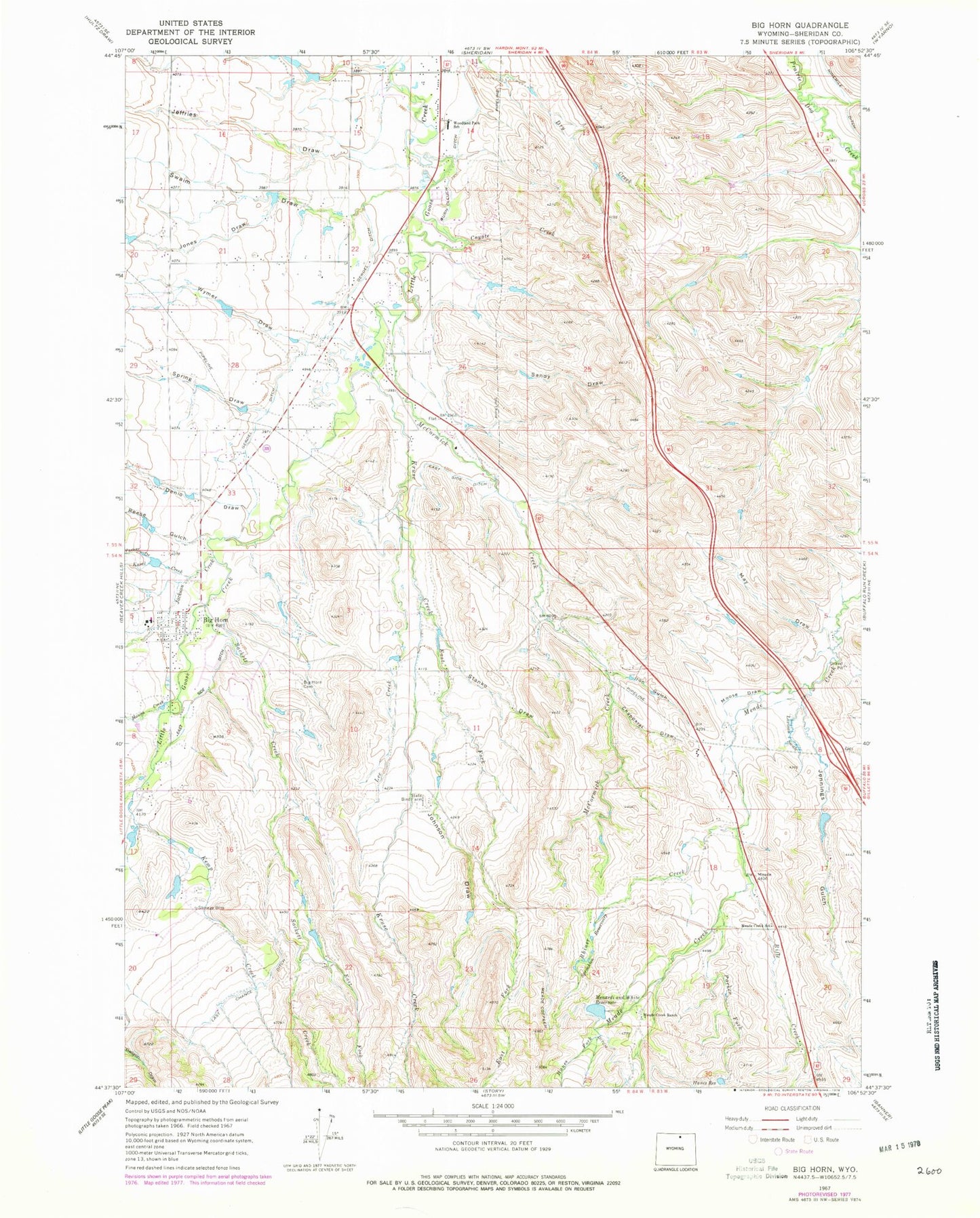 Classic USGS Big Horn Wyoming 7.5'x7.5' Topo Map Image
