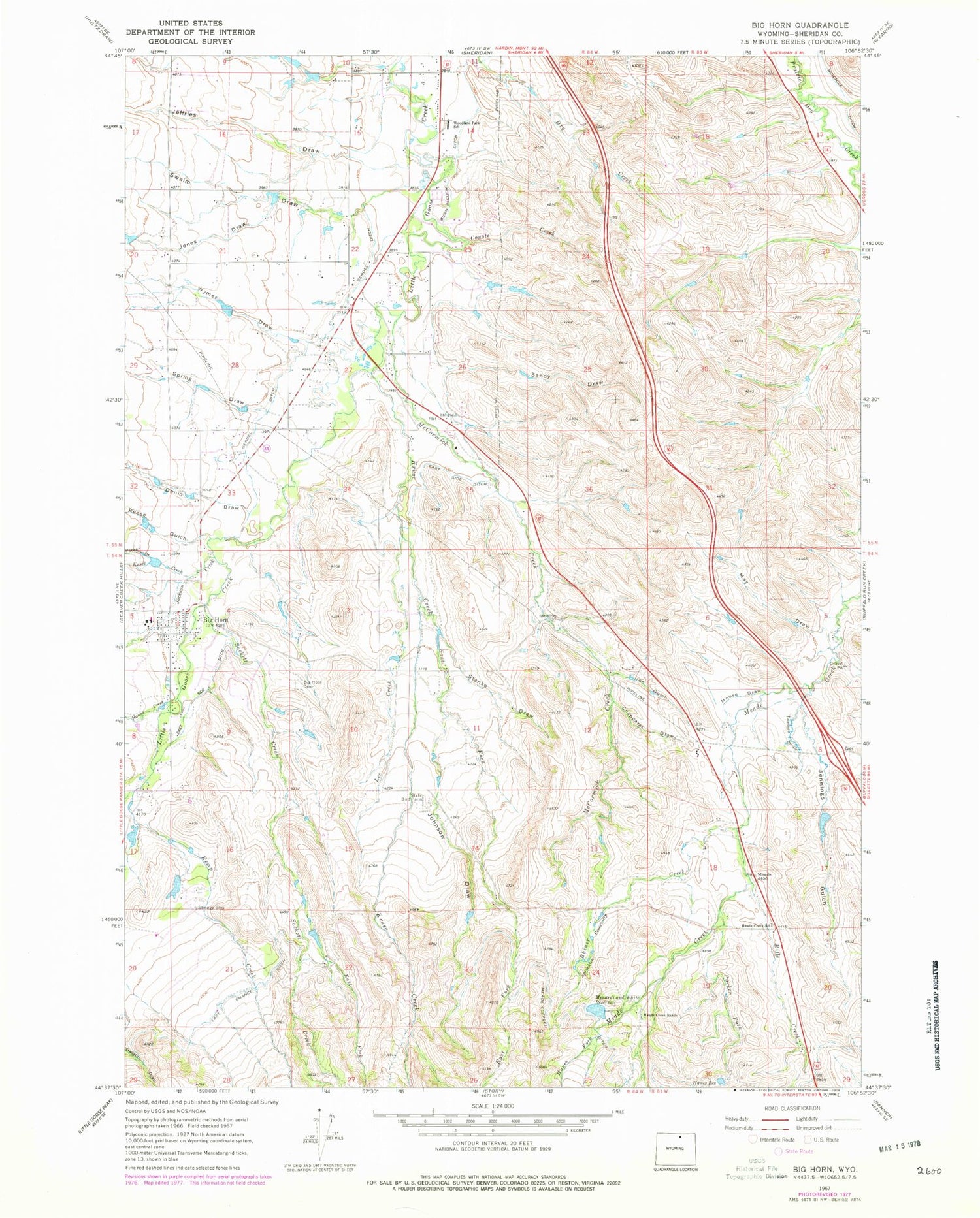 Classic USGS Big Horn Wyoming 7.5'x7.5' Topo Map Image