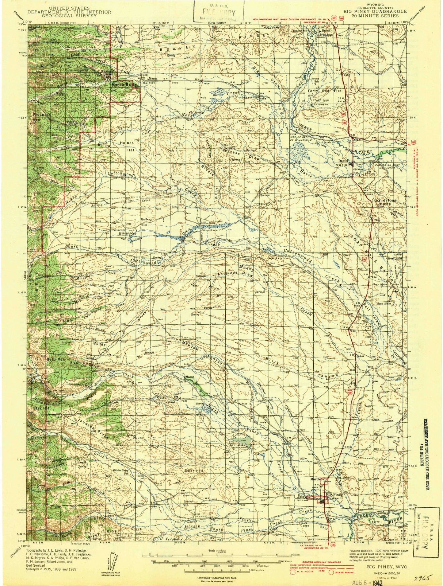Historic 1942 Big Piney Wyoming 30'x30' Topo Map Image