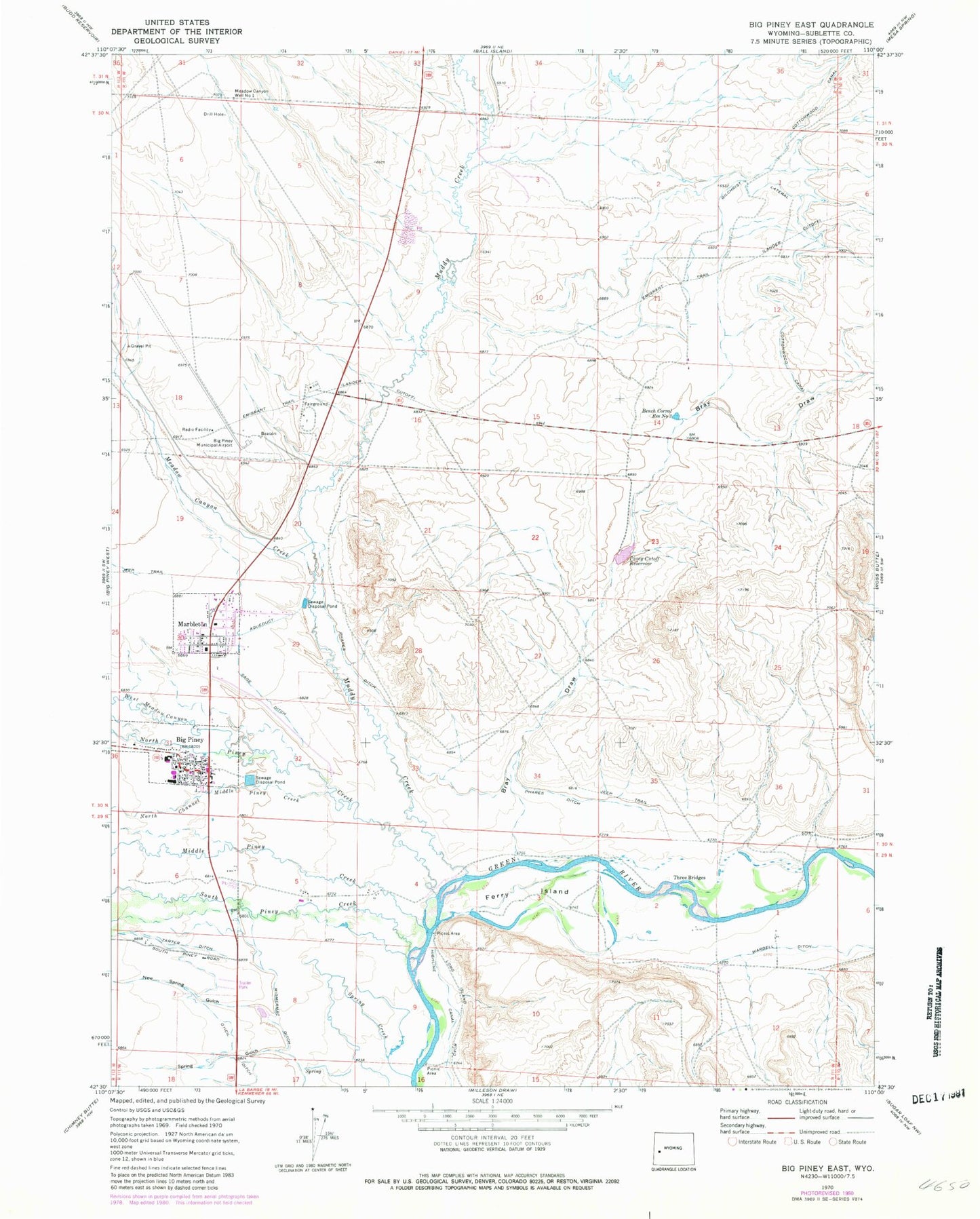 Classic USGS Big Piney East Wyoming 7.5'x7.5' Topo Map Image