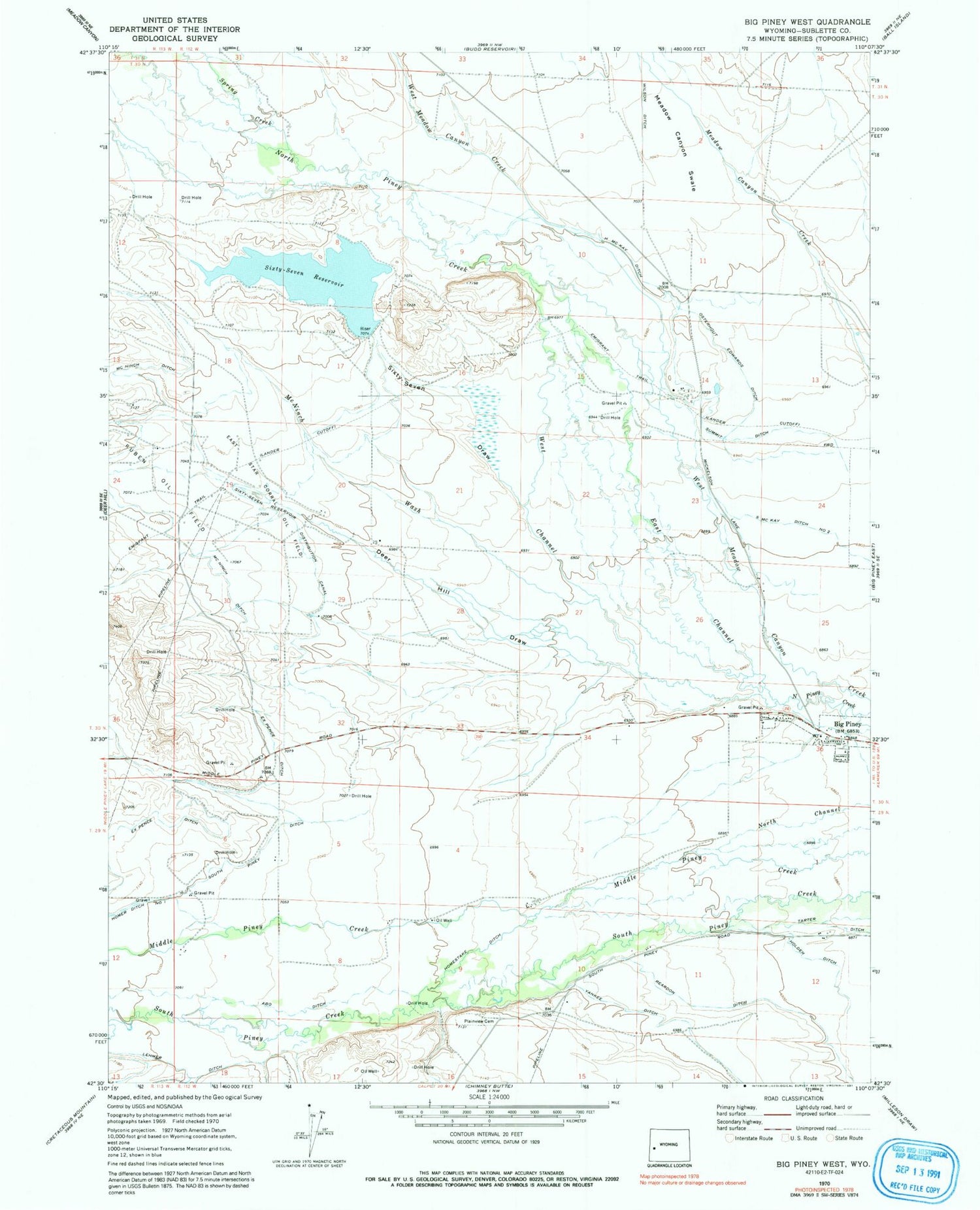 Classic USGS Big Piney West Wyoming 7.5'x7.5' Topo Map Image