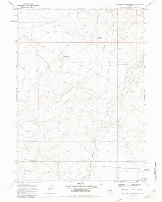 Classic USGS Big Sandy Reservoir SE Wyoming 7.5'x7.5' Topo Map Image