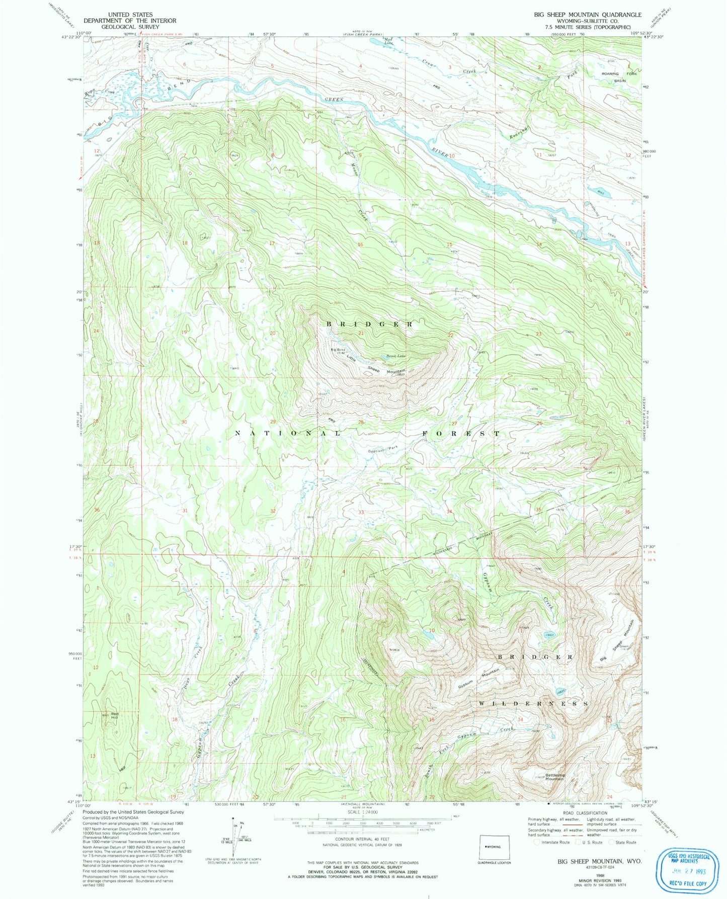 Classic USGS Big Sheep Mountain Wyoming 7.5'x7.5' Topo Map Image