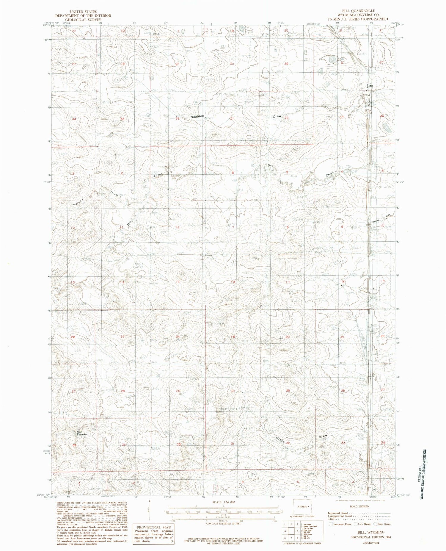 Classic USGS Bill Wyoming 7.5'x7.5' Topo Map Image