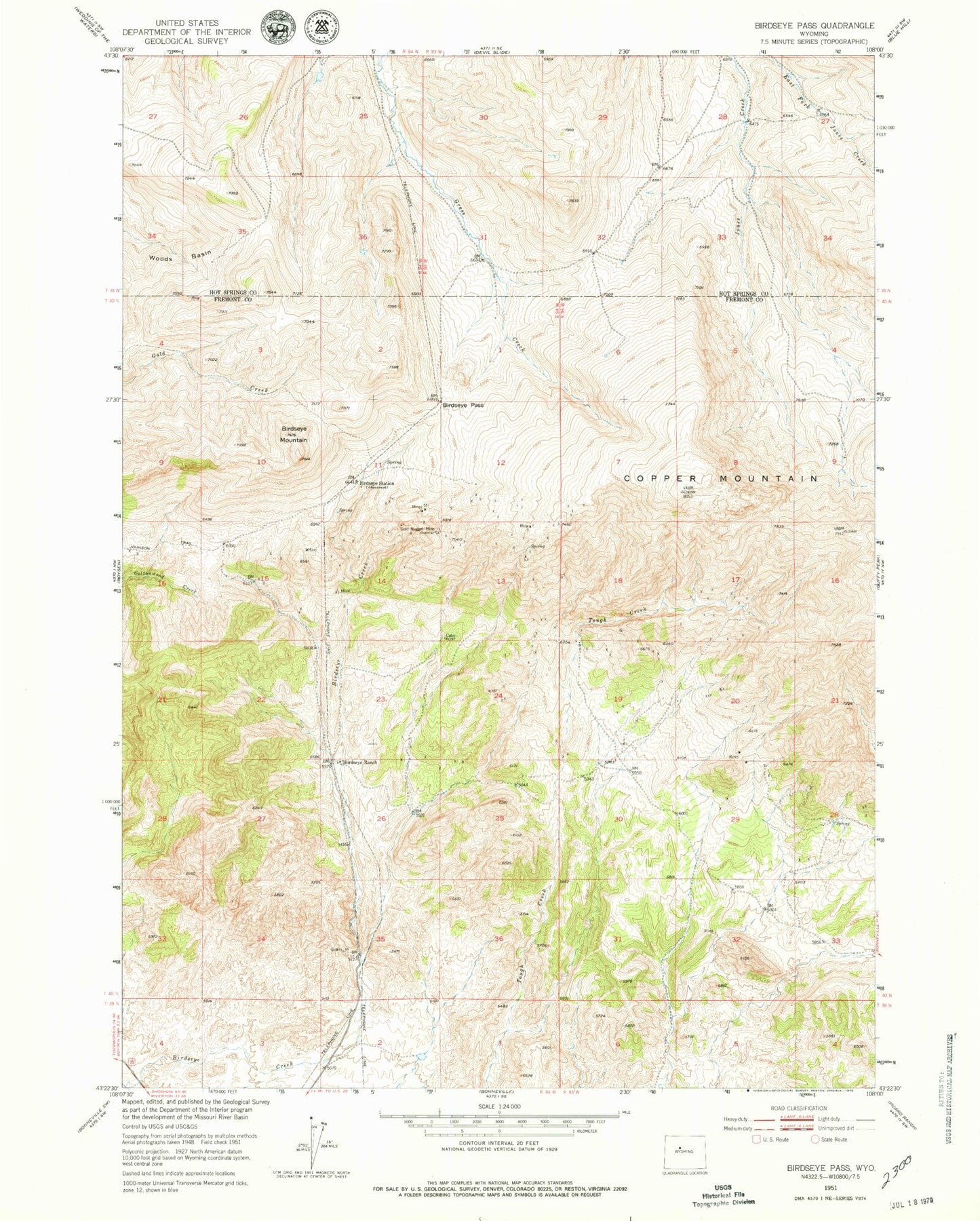 Classic USGS Birdseye Pass Wyoming 7.5'x7.5' Topo Map Image