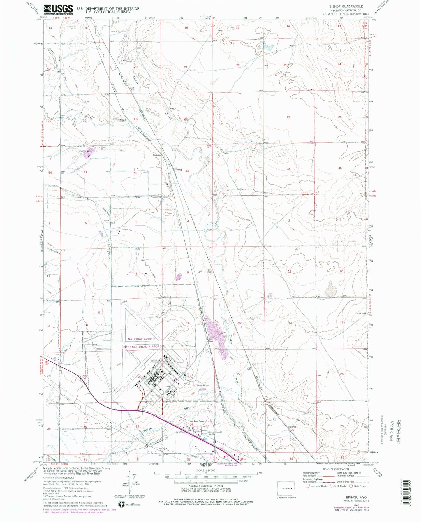 Classic USGS Bishop Wyoming 7.5'x7.5' Topo Map Image