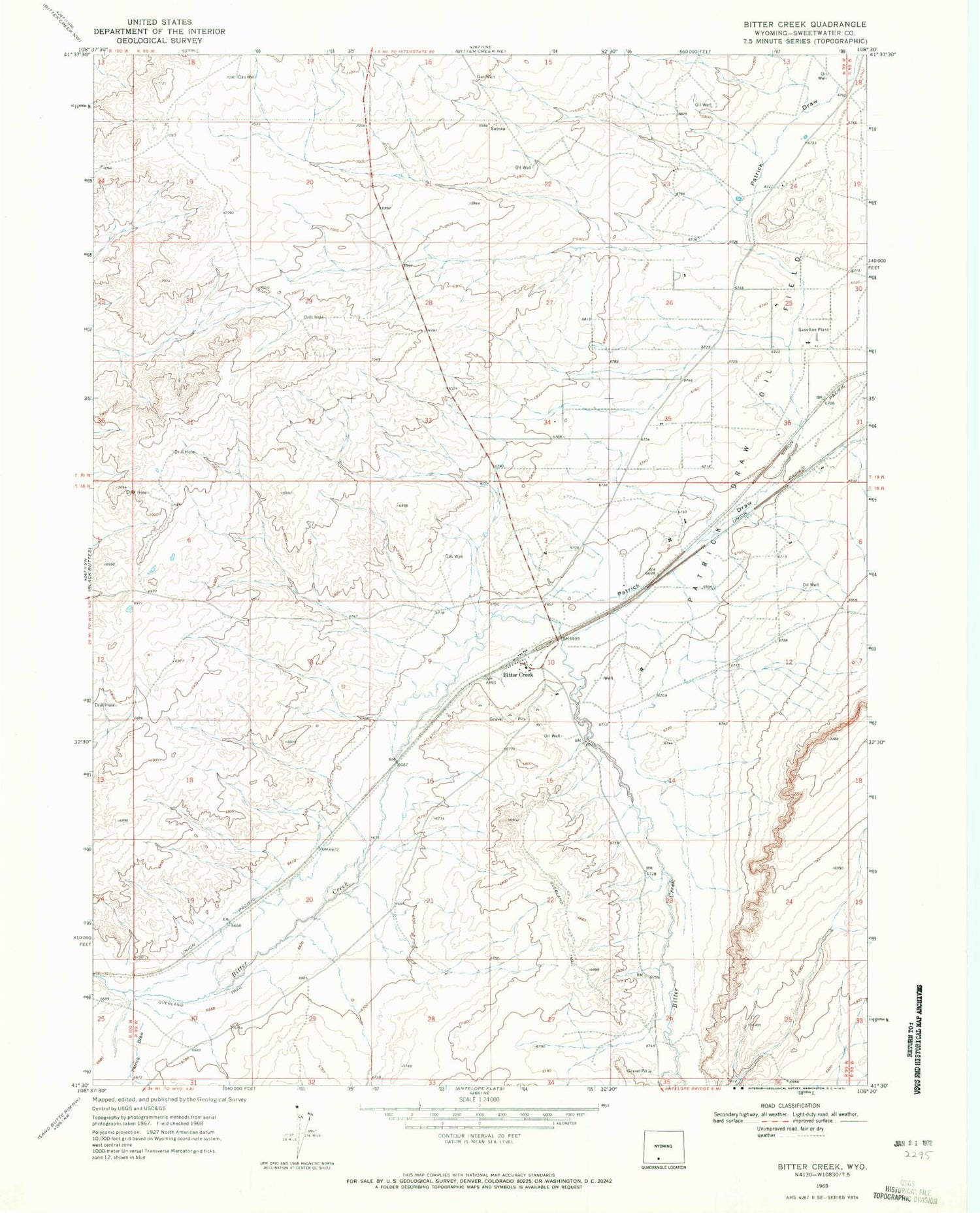Classic USGS Bitter Creek Wyoming 7.5'x7.5' Topo Map Image